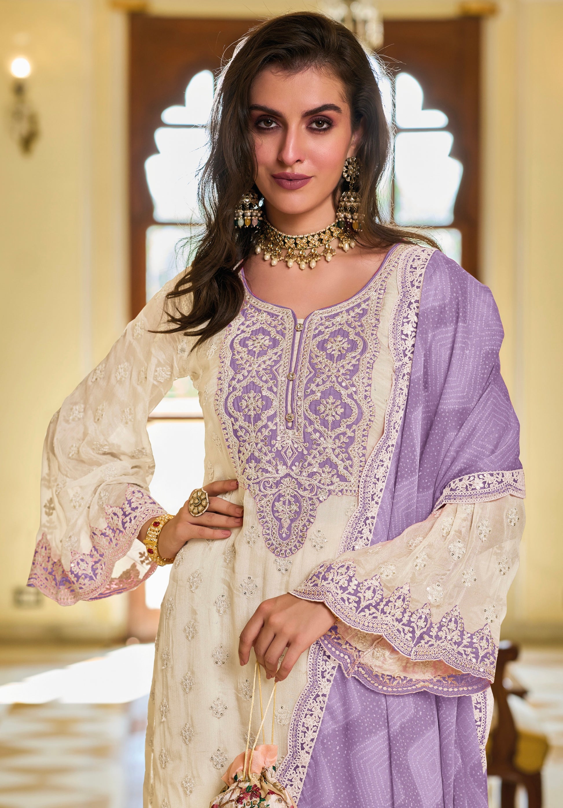 Lavender and White Sharara Suit with Intricate Embroidery