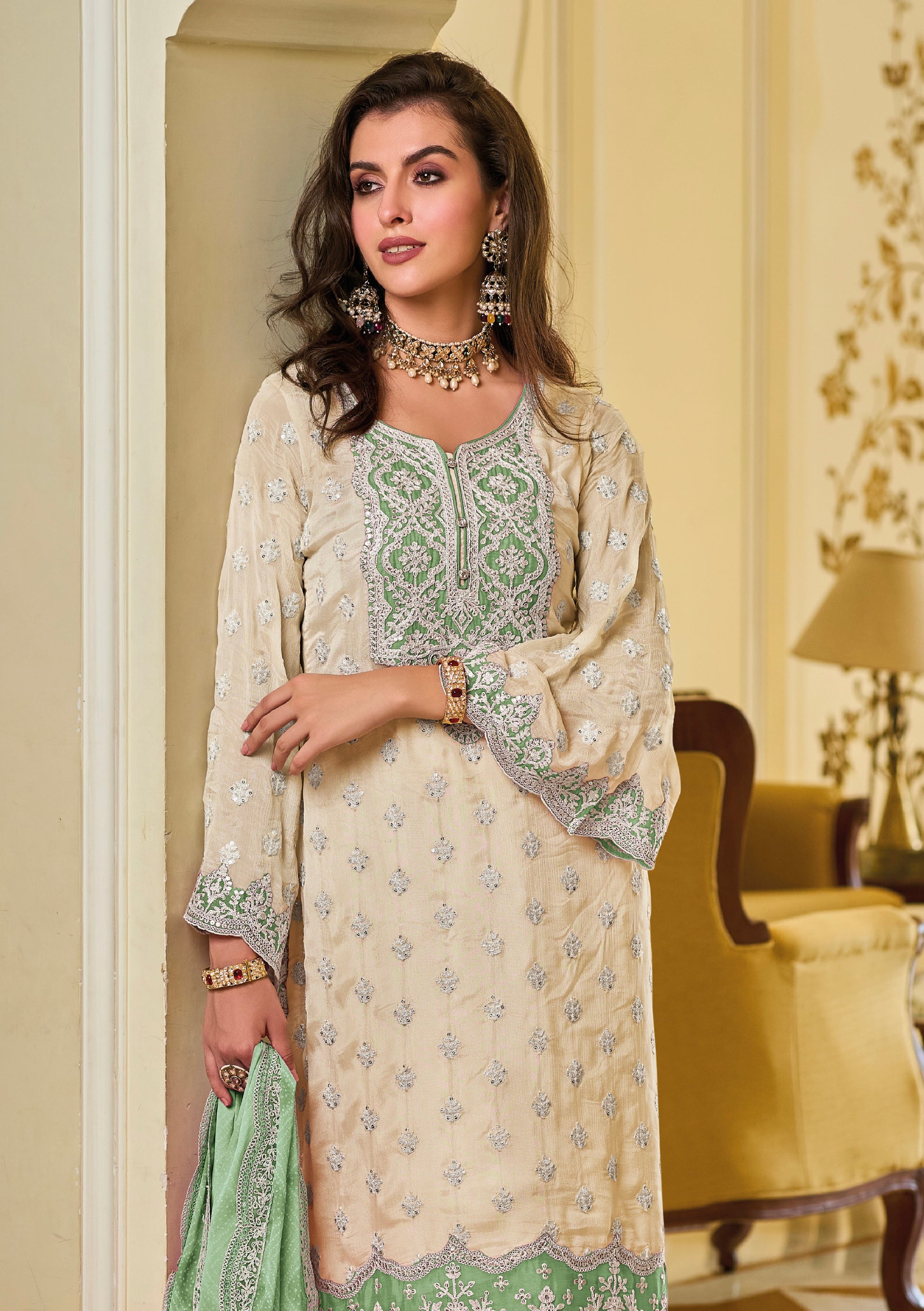 Green and White Sharara Suit with Detailed Embroidery