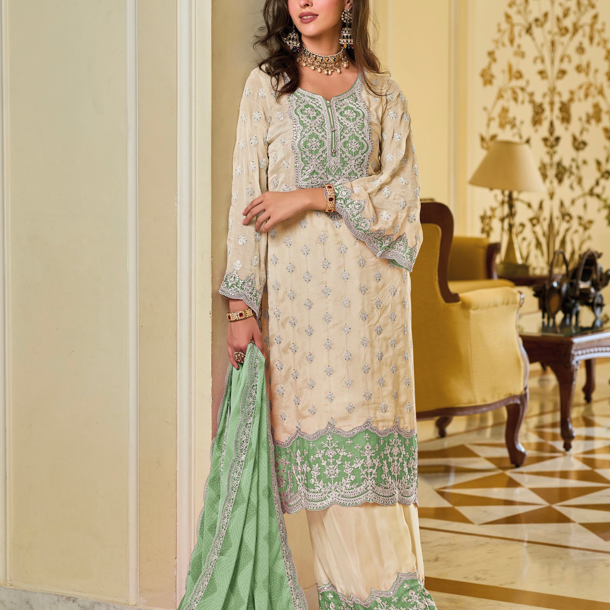 Green and White Sharara Suit with Detailed Embroidery