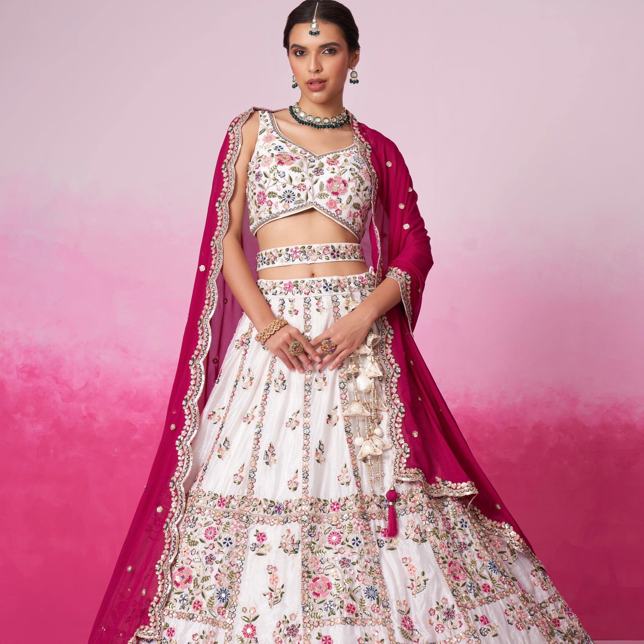 Cream Georgette Sequins Embroidery Bridal Lehenga Choli & Dupatta