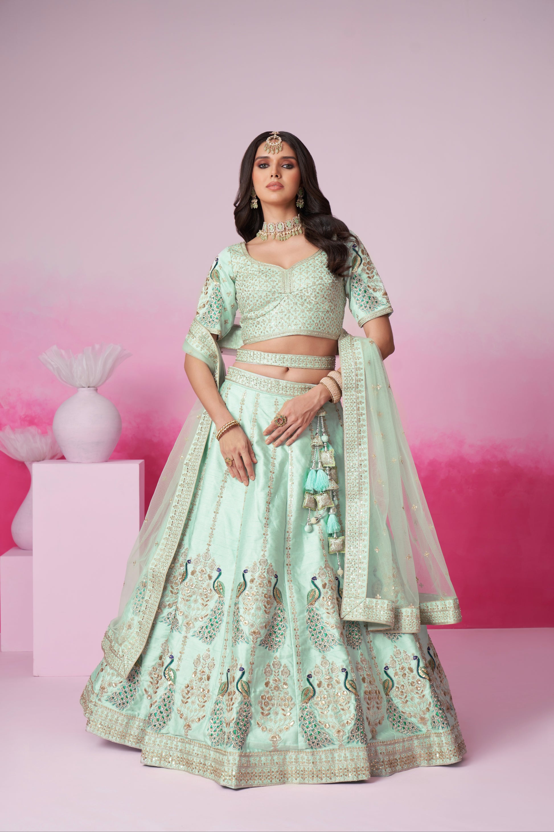 Sea Green Pure Silk Sequins Embroidery Bridal Lehenga Choli & Dupatta