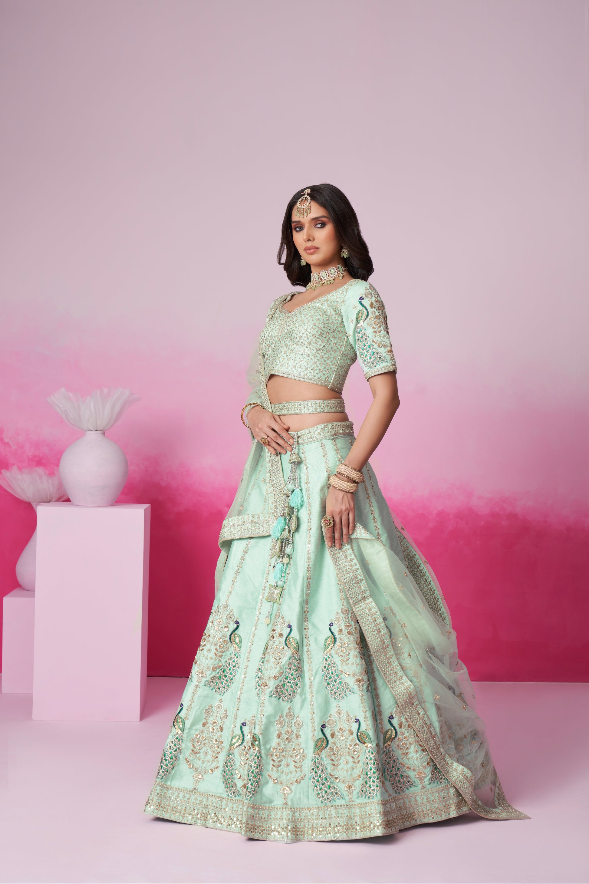 Sea Green Pure Silk Sequins Embroidery Bridal Lehenga Choli & Dupatta