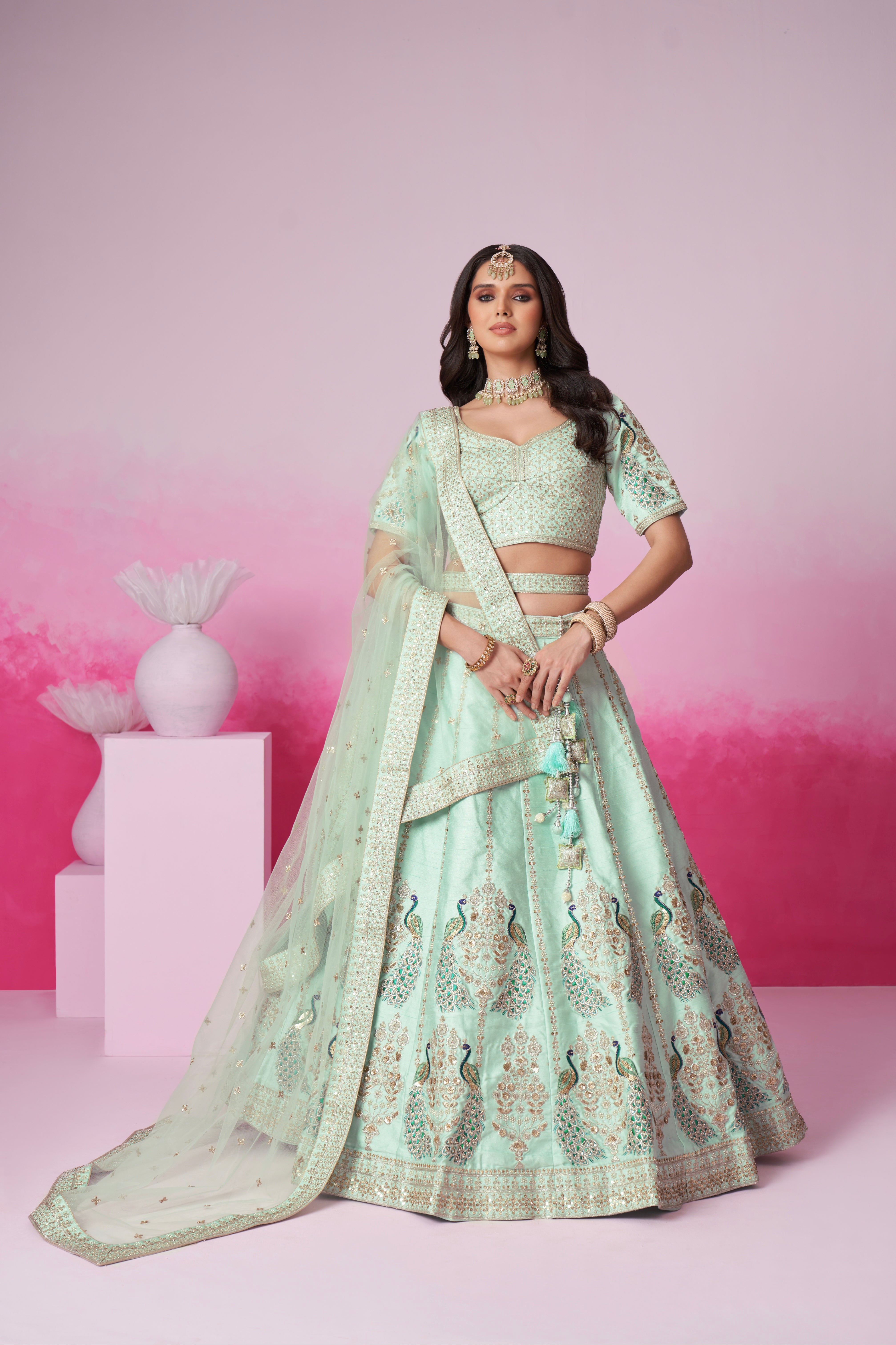 Bridal Lehenga Choli Embroidery Lehenga For Women | Indian Wedding Designer Party outlet Wear Lehenga | Green Malay Satin Silk Lehenga With Dupata.