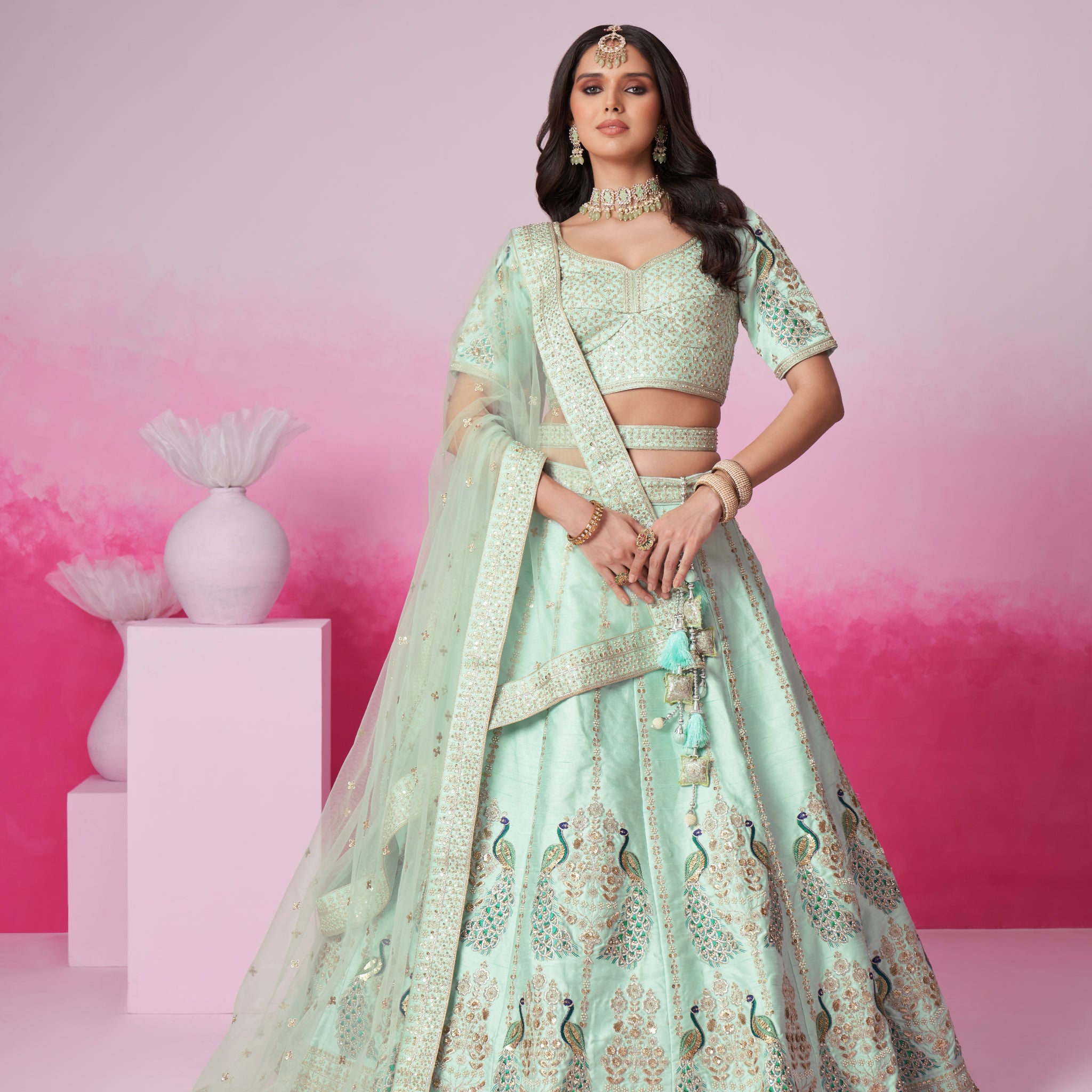 Sea Green Pure Silk Sequins Embroidery Bridal Lehenga Choli & Dupatta