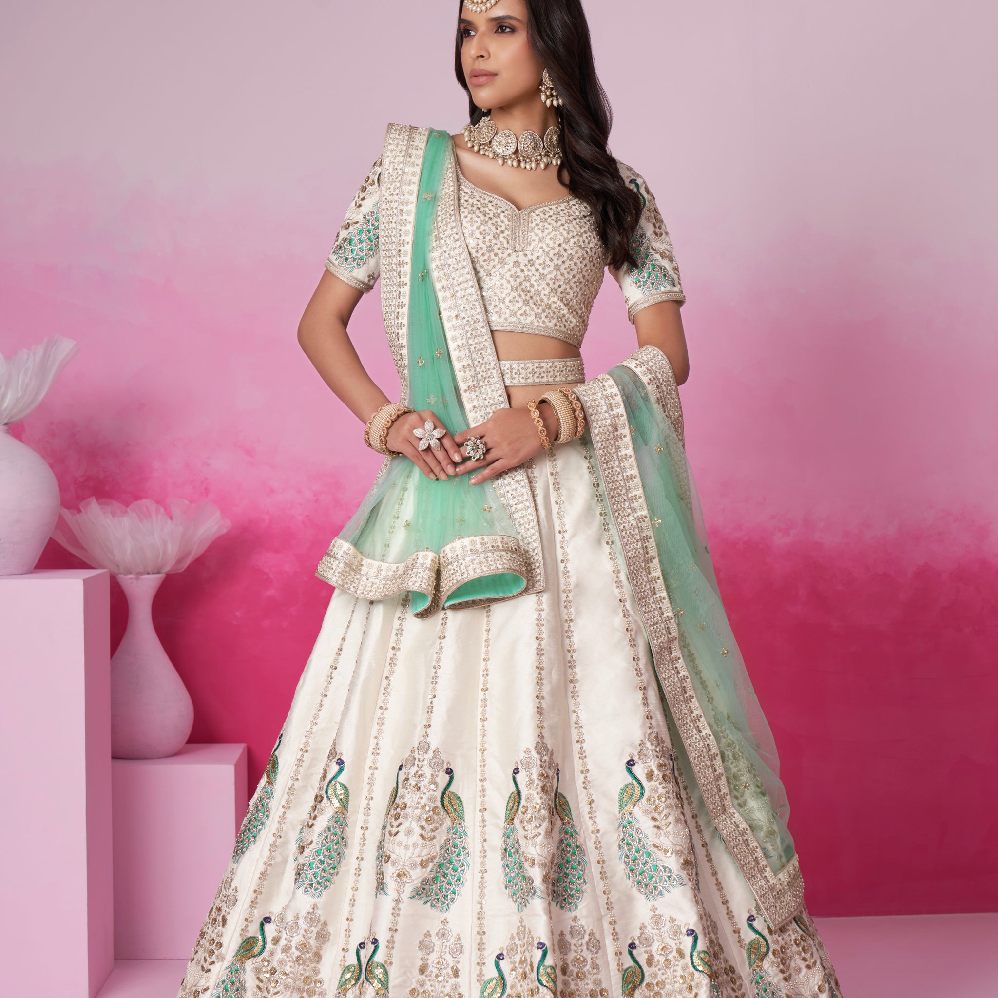 Cream Pure Silk Sequins Embroidery Bridal Lehenga Choli & Dupatta