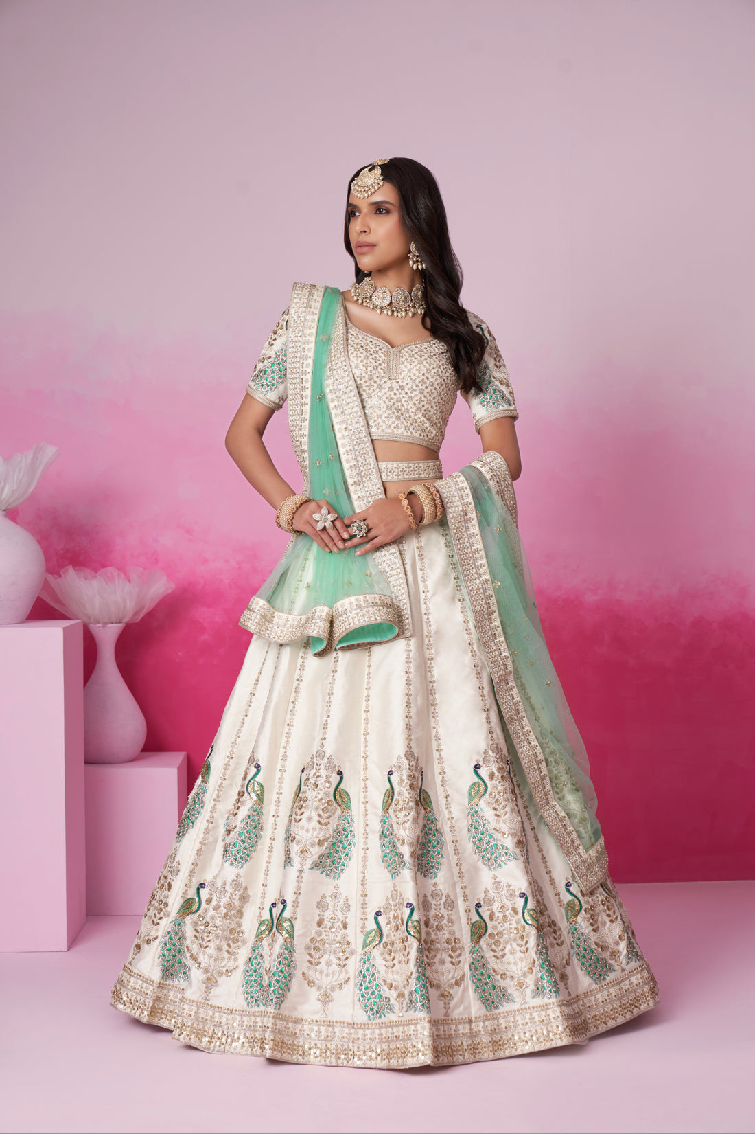 Cream Pure Silk Sequins Embroidery Bridal Lehenga Choli & Dupatta