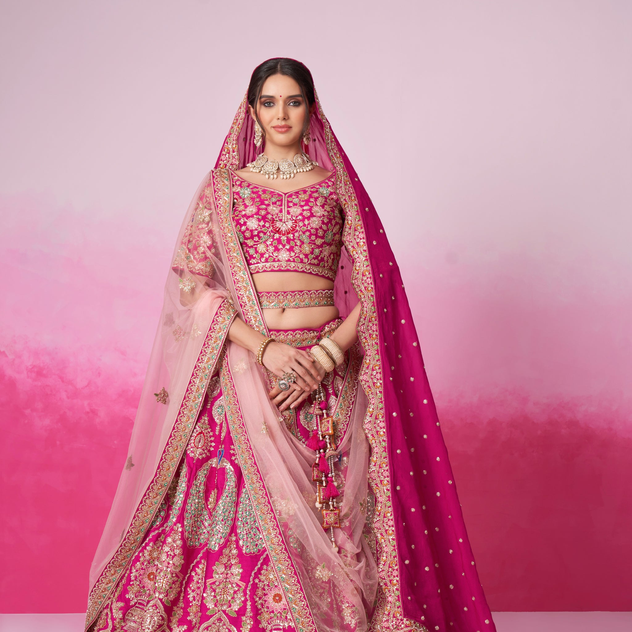 Pink Pure Silk Sequins Embroidery Bridal Lehenga Choli & Dupatta