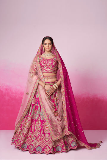 Pink Pure Silk Sequins Embroidery Bridal Lehenga Choli & Dupatta