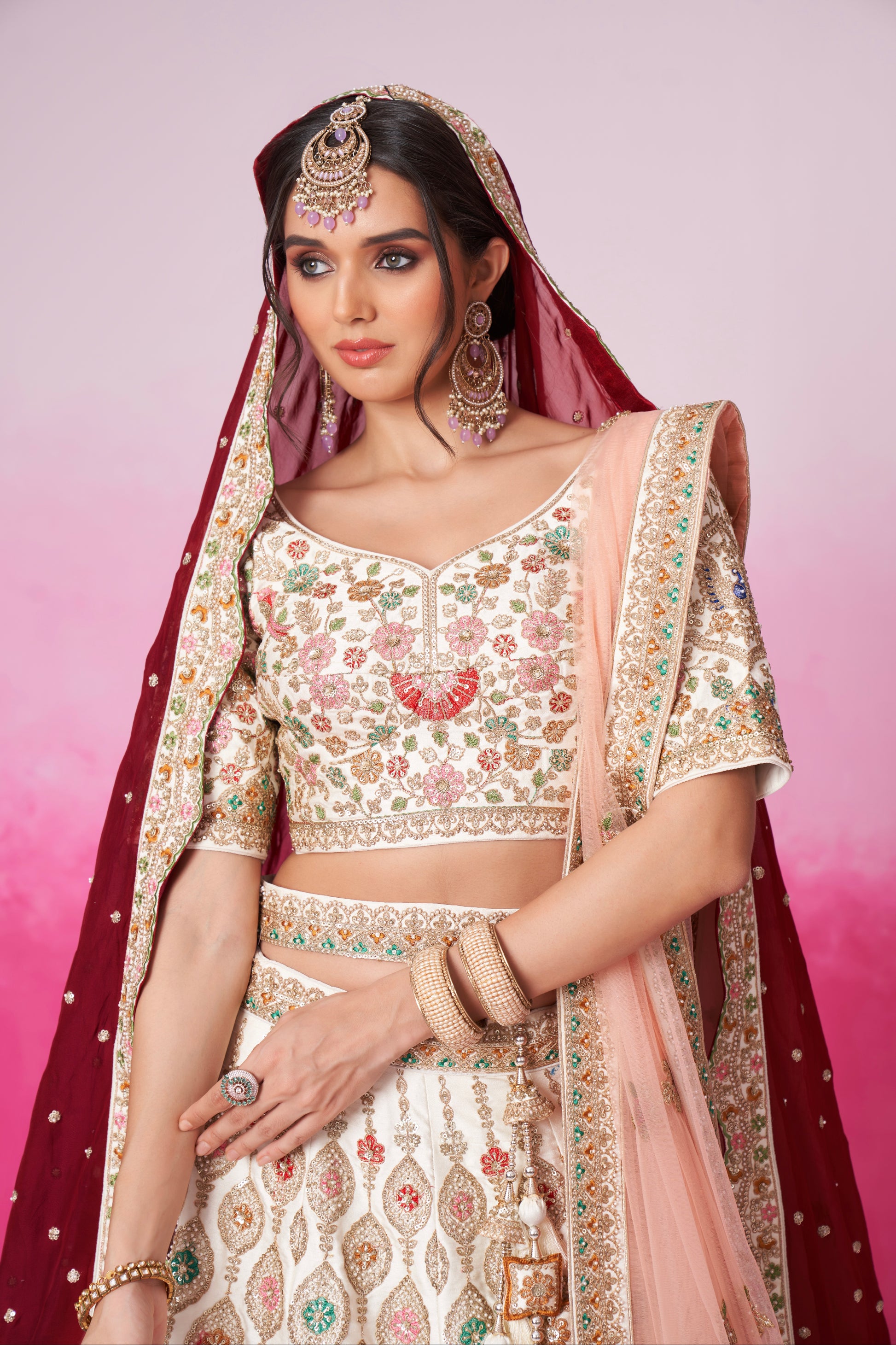 Cream Pure Silk Sequins Embroidery Bridal Lehenga Choli & Dupatta