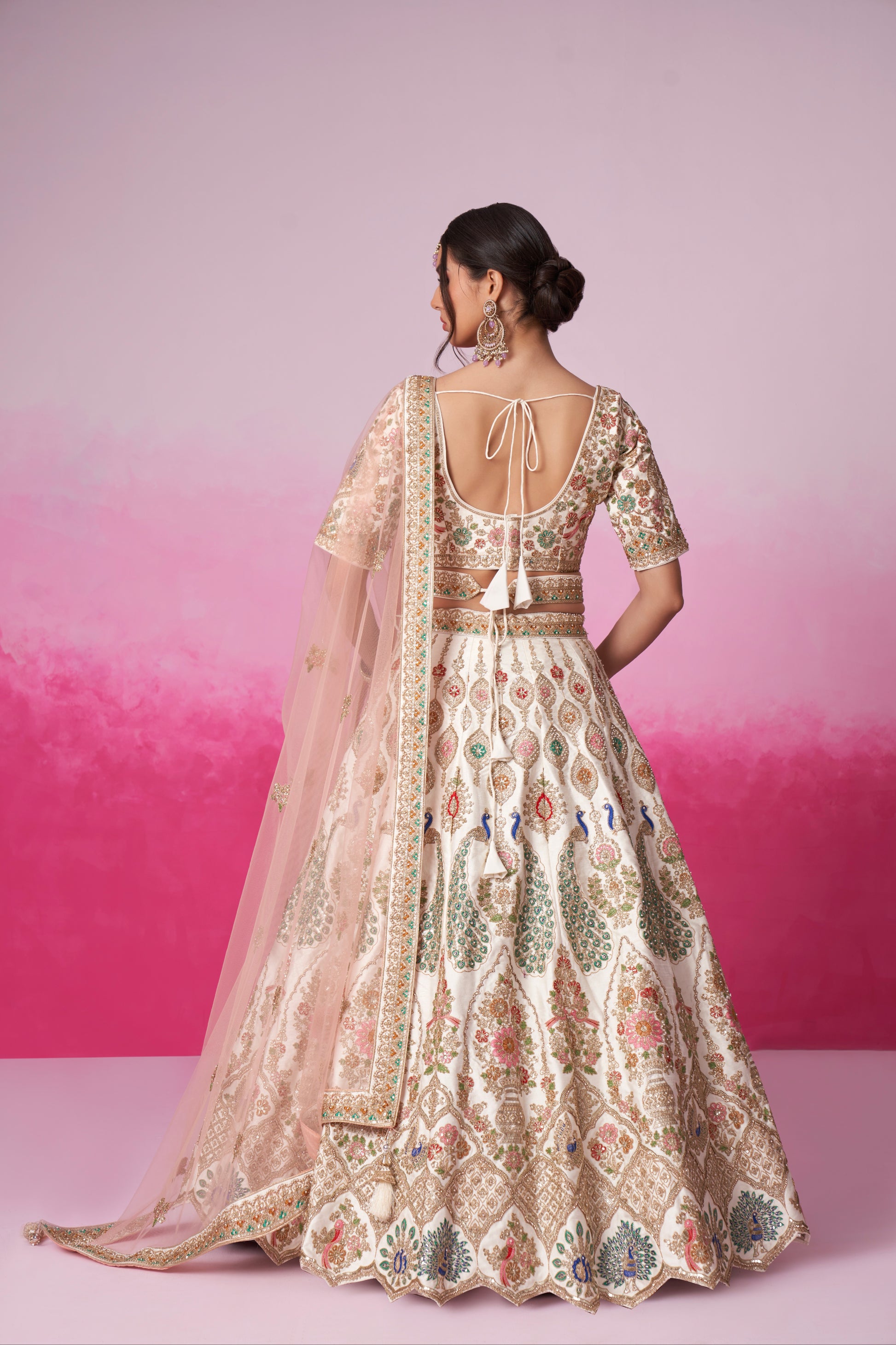 Cream Pure Silk Sequins Embroidery Bridal Lehenga Choli & Dupatta