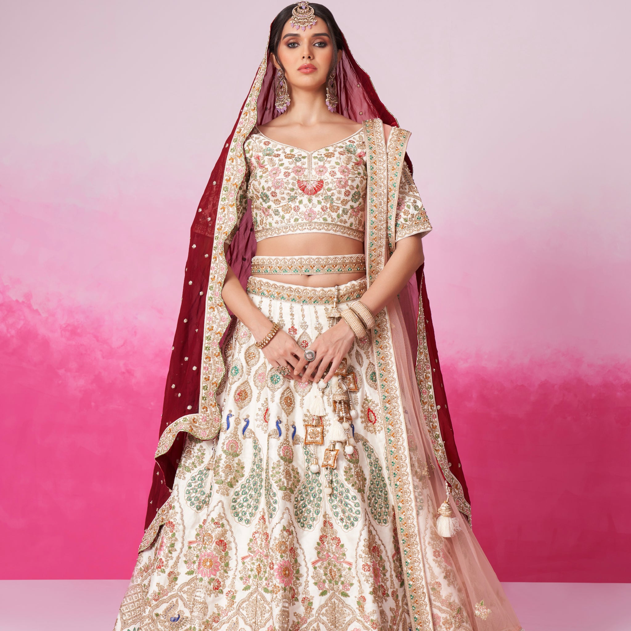 Cream Pure Silk Sequins Embroidery Bridal Lehenga Choli & Dupatta