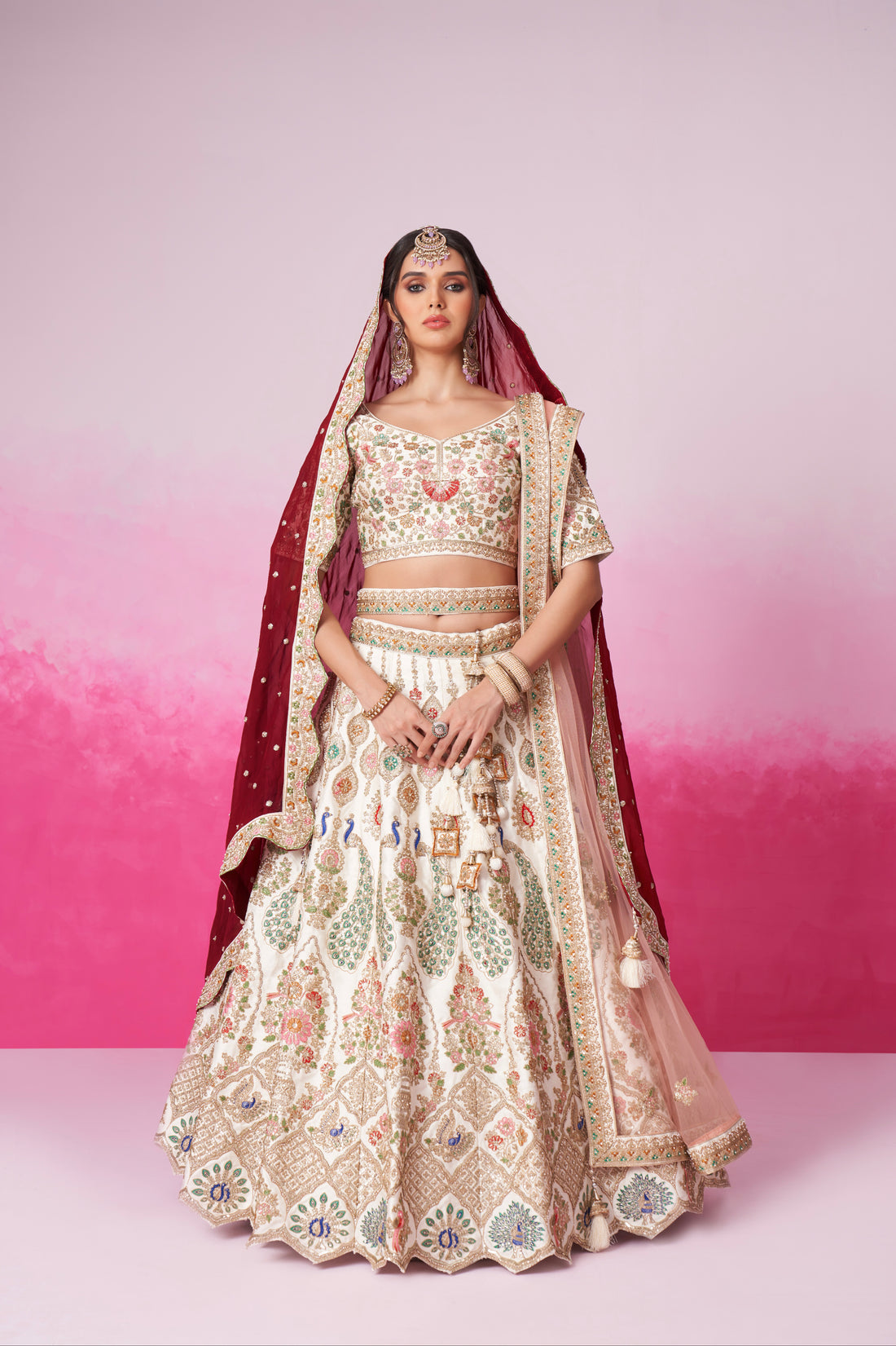 Cream Pure Silk Sequins Embroidery Bridal Lehenga Choli & Dupatta