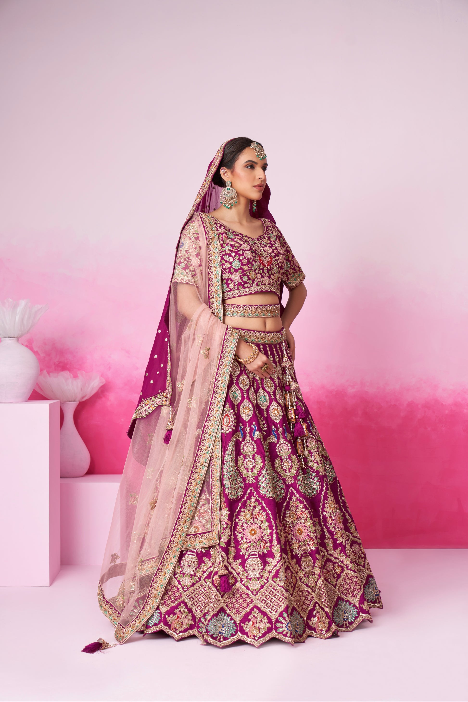 Burgundy Pure Silk Sequins Embroidery Bridal Lehenga Choli & Dupatta