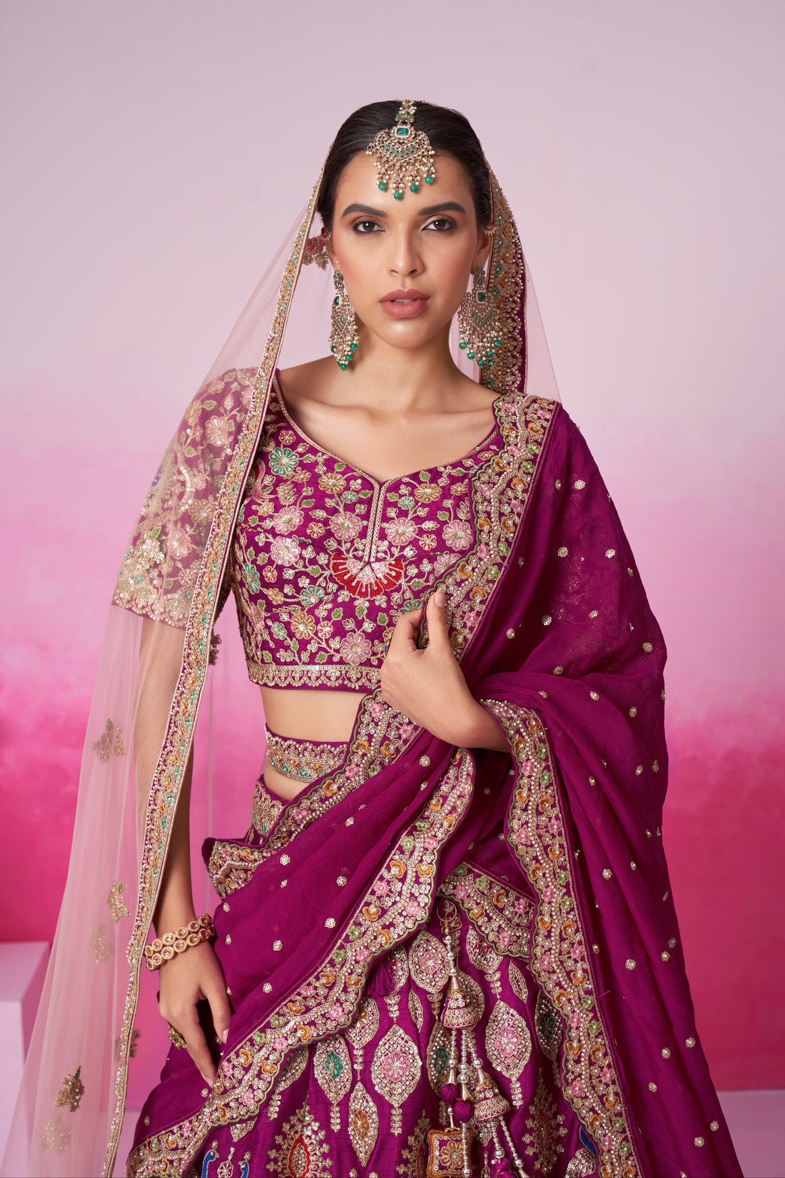 Burgundy Pure Silk Sequins Embroidery Bridal Lehenga Choli & Dupatta