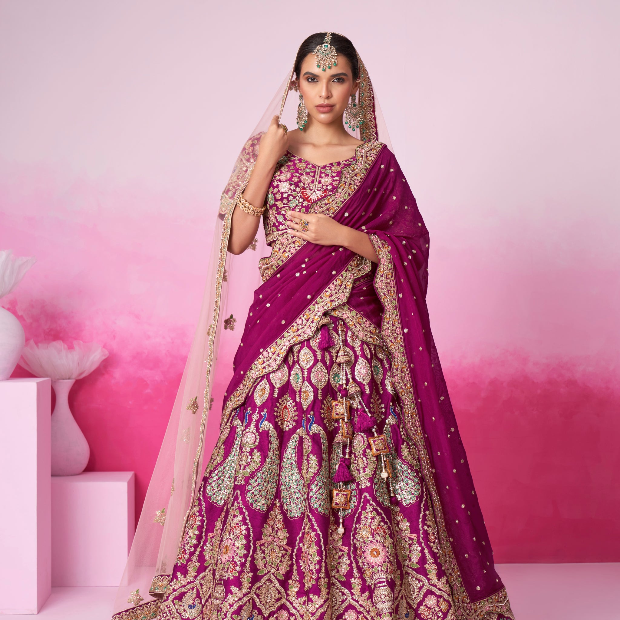 Burgundy Pure Silk Sequins Embroidery Bridal Lehenga Choli & Dupatta