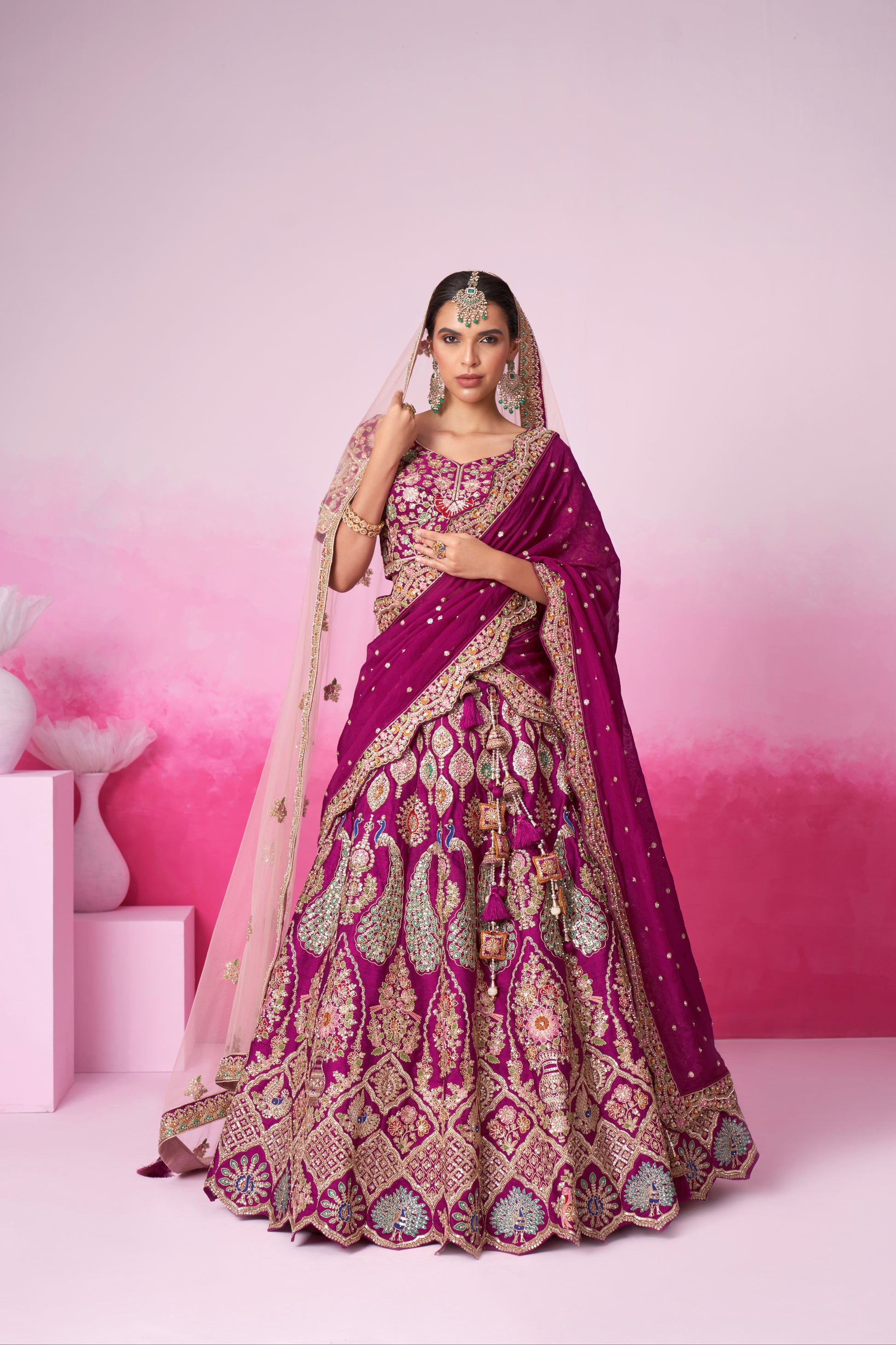 Burgundy Pure Silk Sequins Embroidery Bridal Lehenga Choli & Dupatta