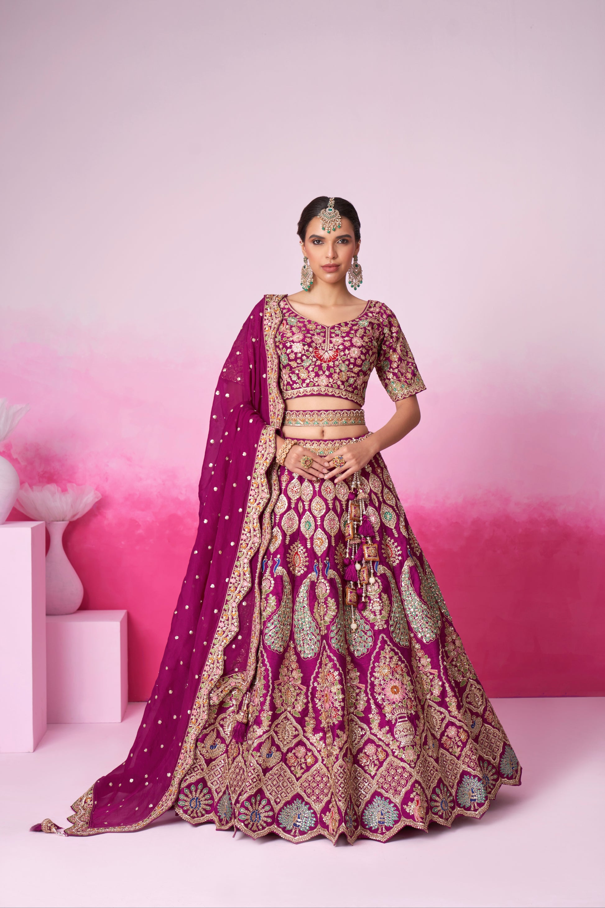 Burgundy Pure Silk Sequins Embroidery Bridal Lehenga Choli & Dupatta