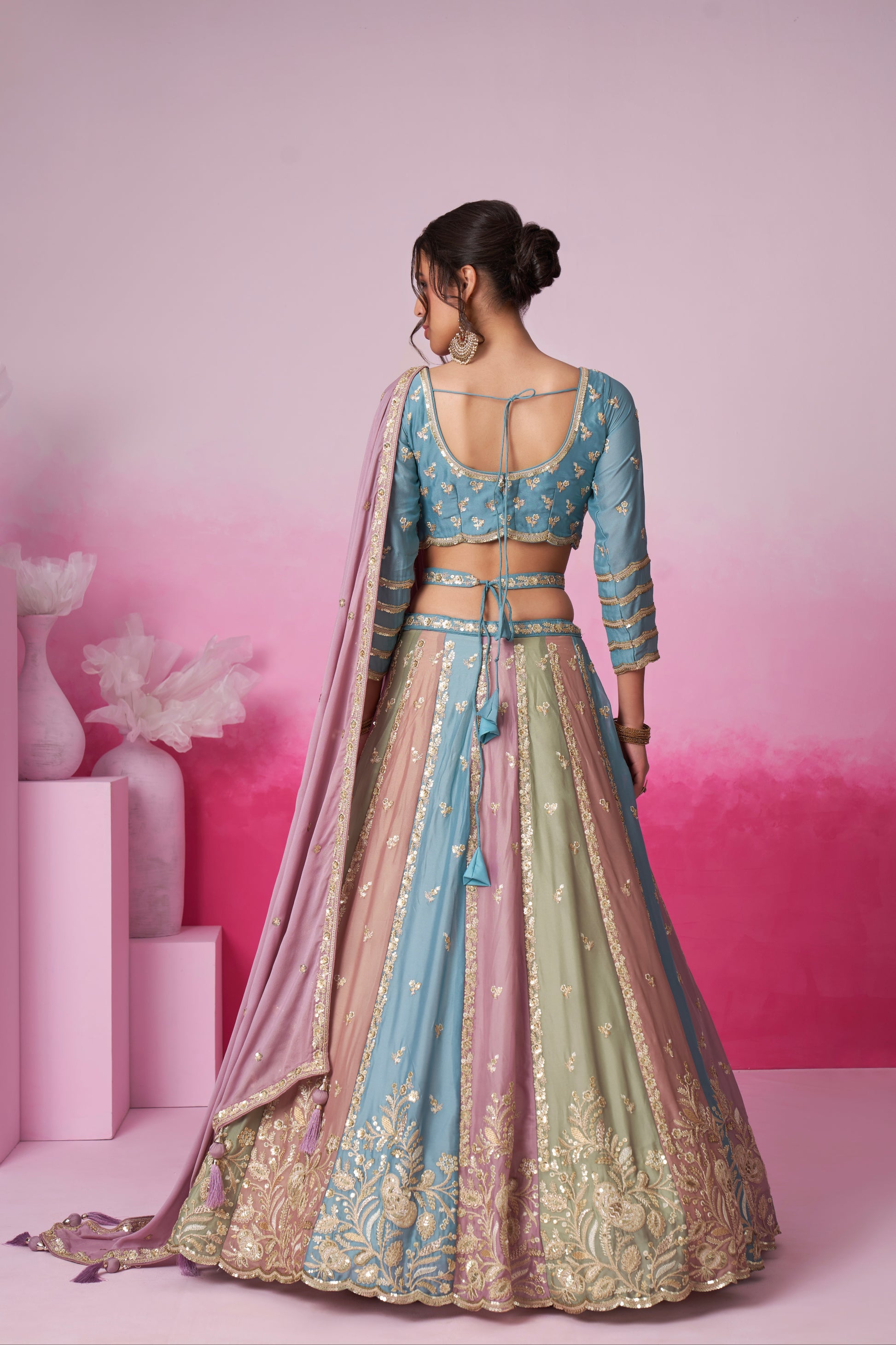 Turquoise Blue & Multi Colour Georgette Sequins Embroidery Lehenga choli & Dupatta