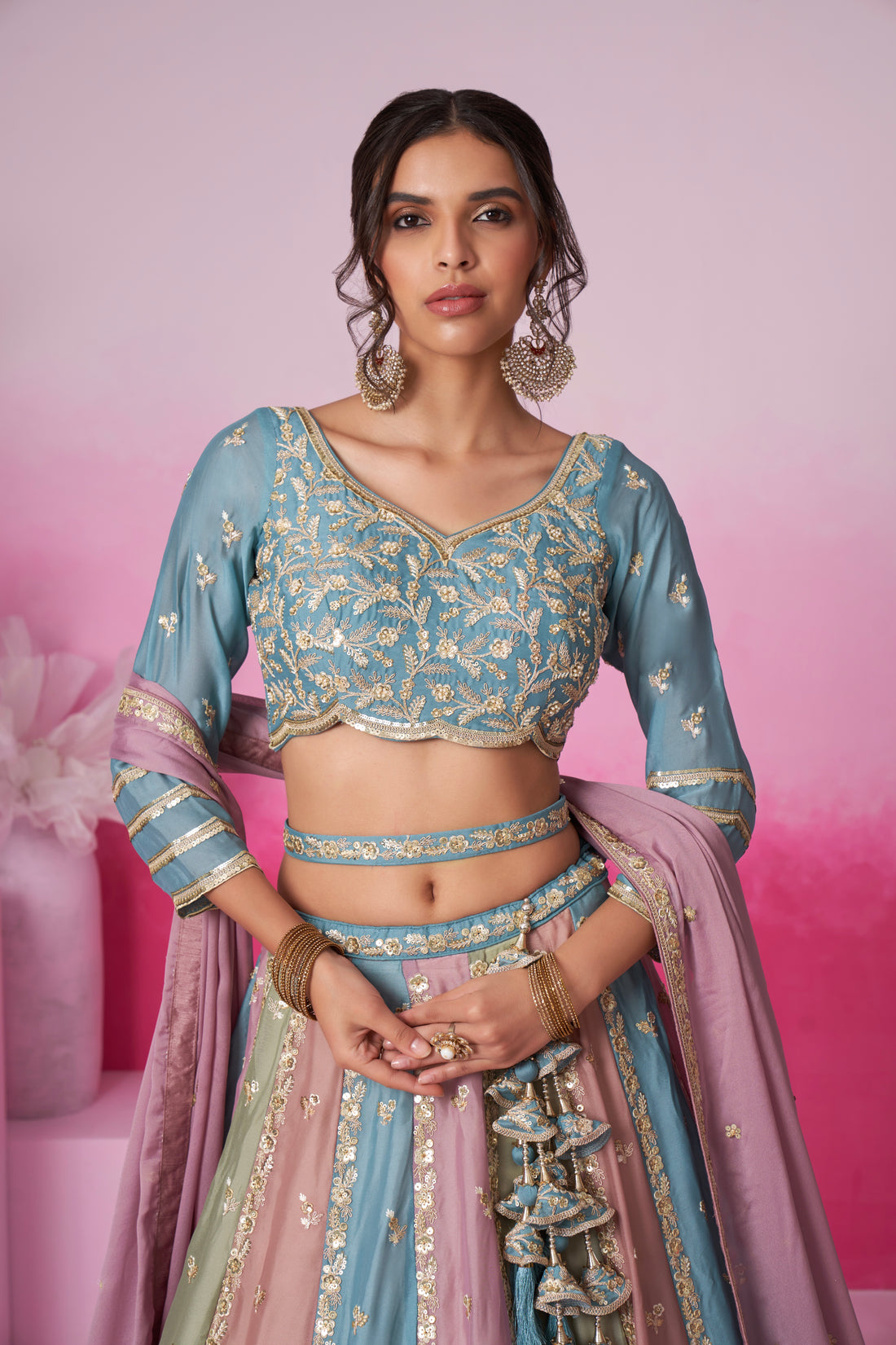 Turquoise Blue & Multi Colour Georgette Sequins Embroidery Lehenga choli & Dupatta