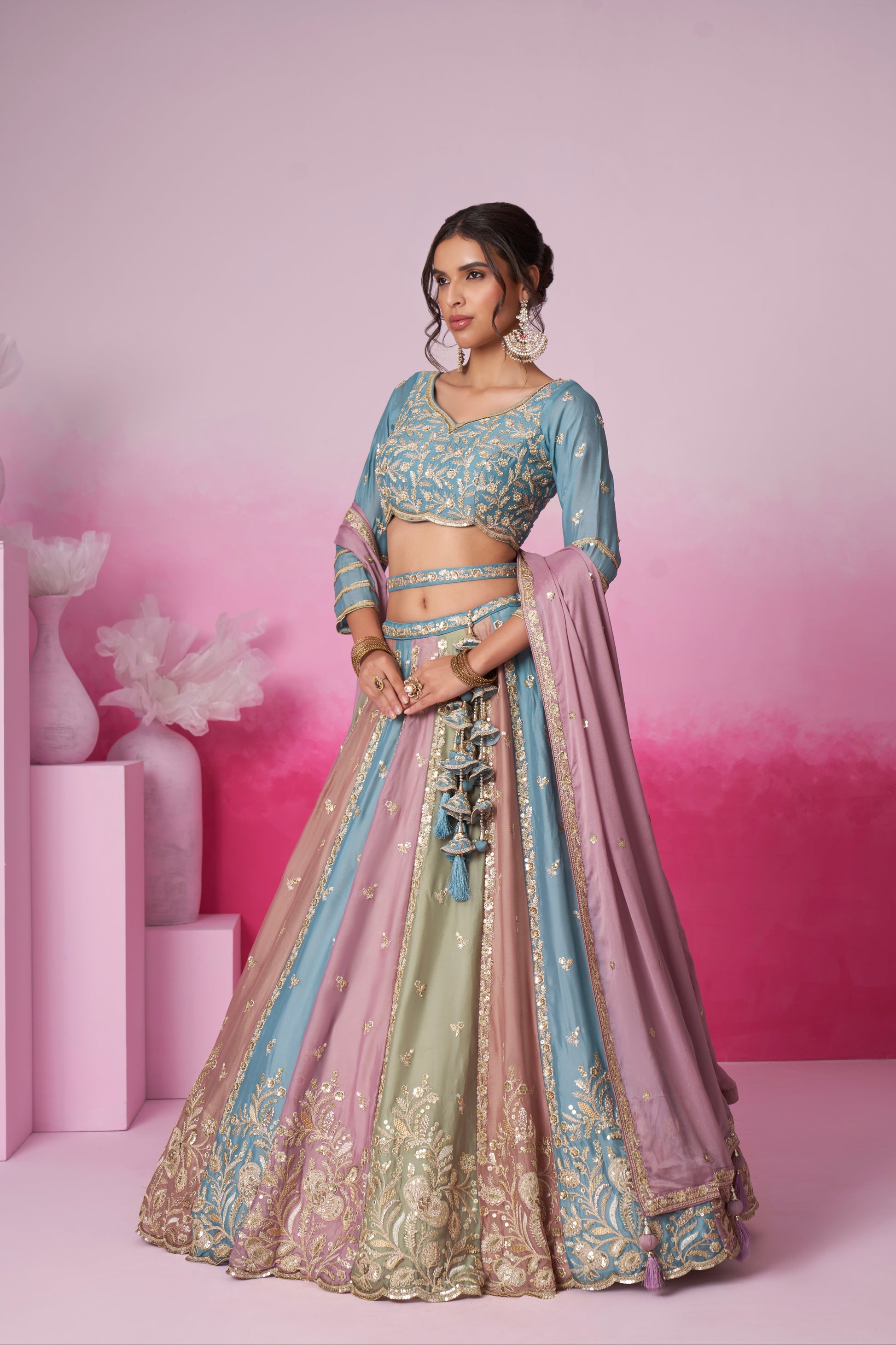 Turquoise Blue & Multi Colour Georgette Sequins Embroidery Lehenga choli & Dupatta