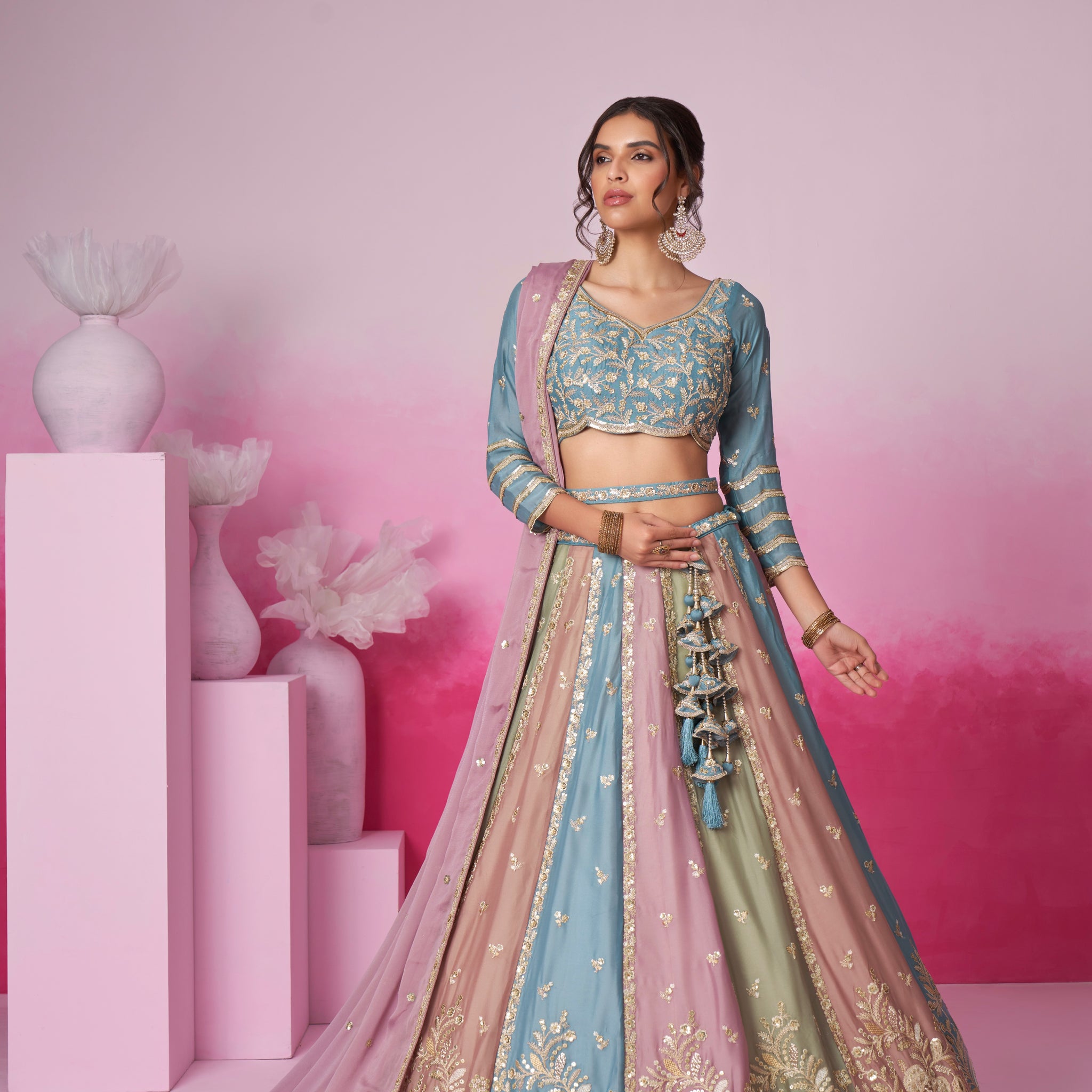 Turquoise Blue & Multi Colour Georgette Sequins Embroidery Lehenga choli & Dupatta