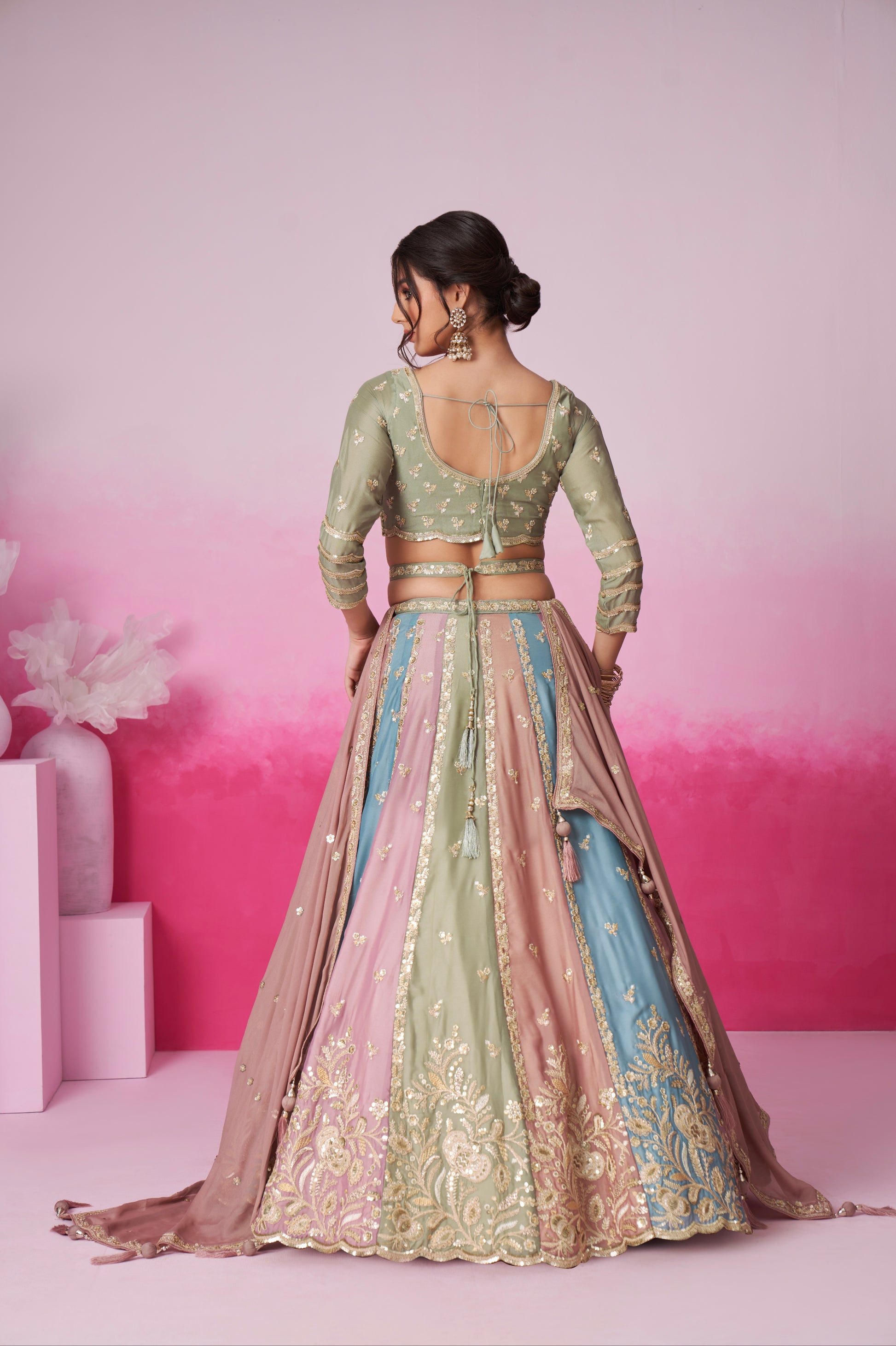 Lime Green & Multi Colour Georgette Sequins Embroidery Lehenga Choli & Dupatta