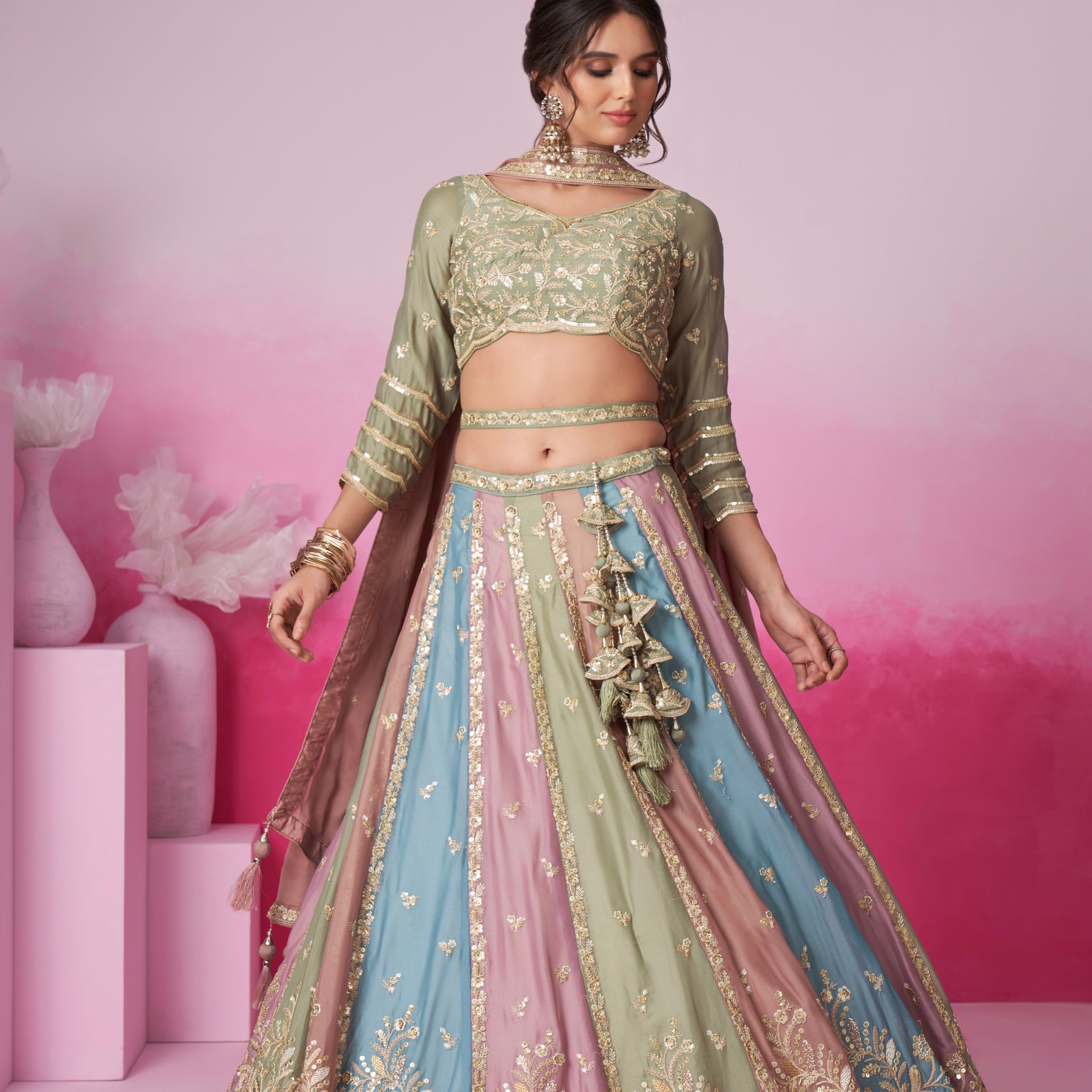 Lime Green & Multi Colour Georgette Sequins Embroidery Lehenga Choli & Dupatta