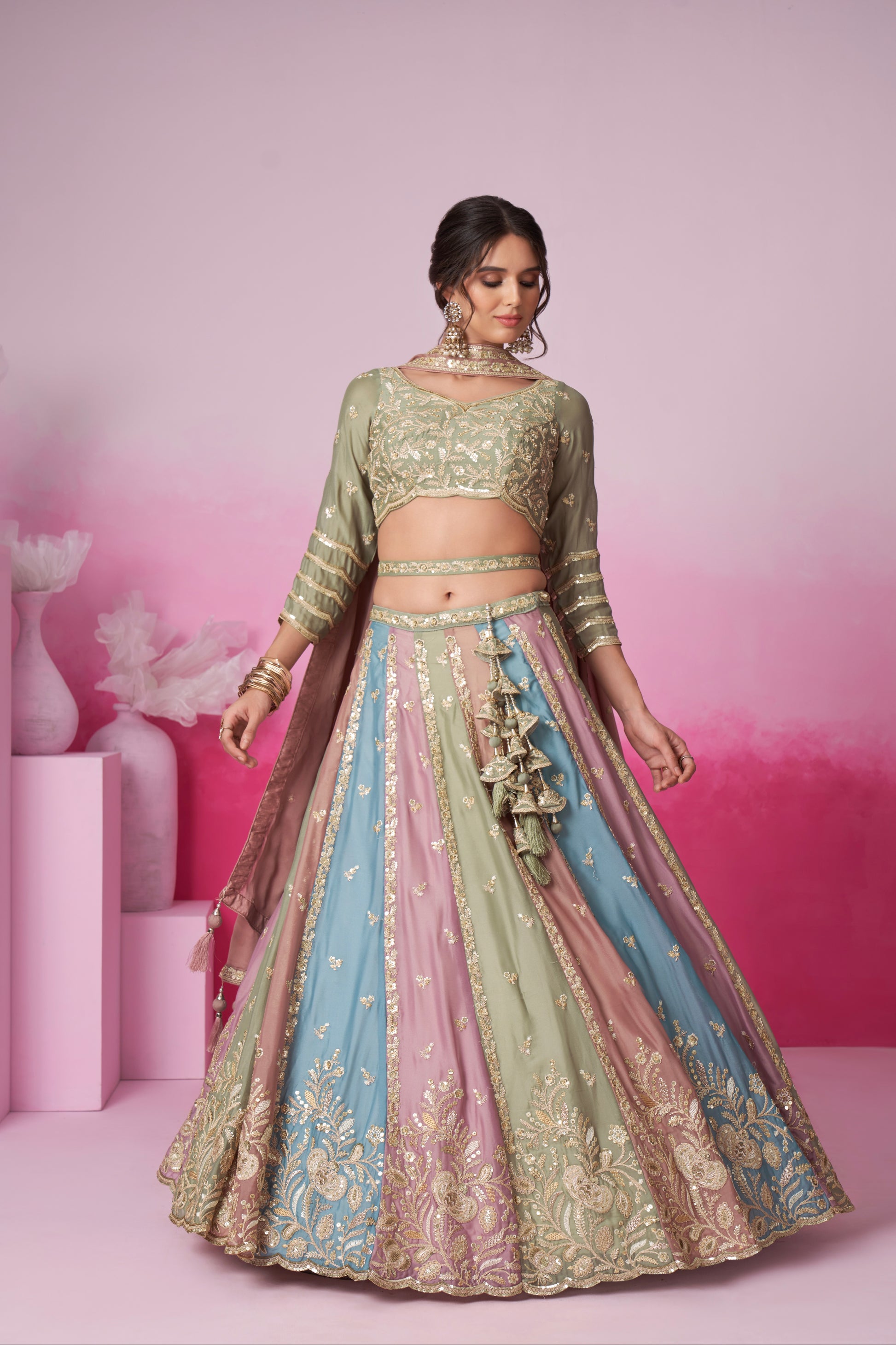 Lime Green & Multi Colour Georgette Sequins Embroidery Lehenga Choli & Dupatta