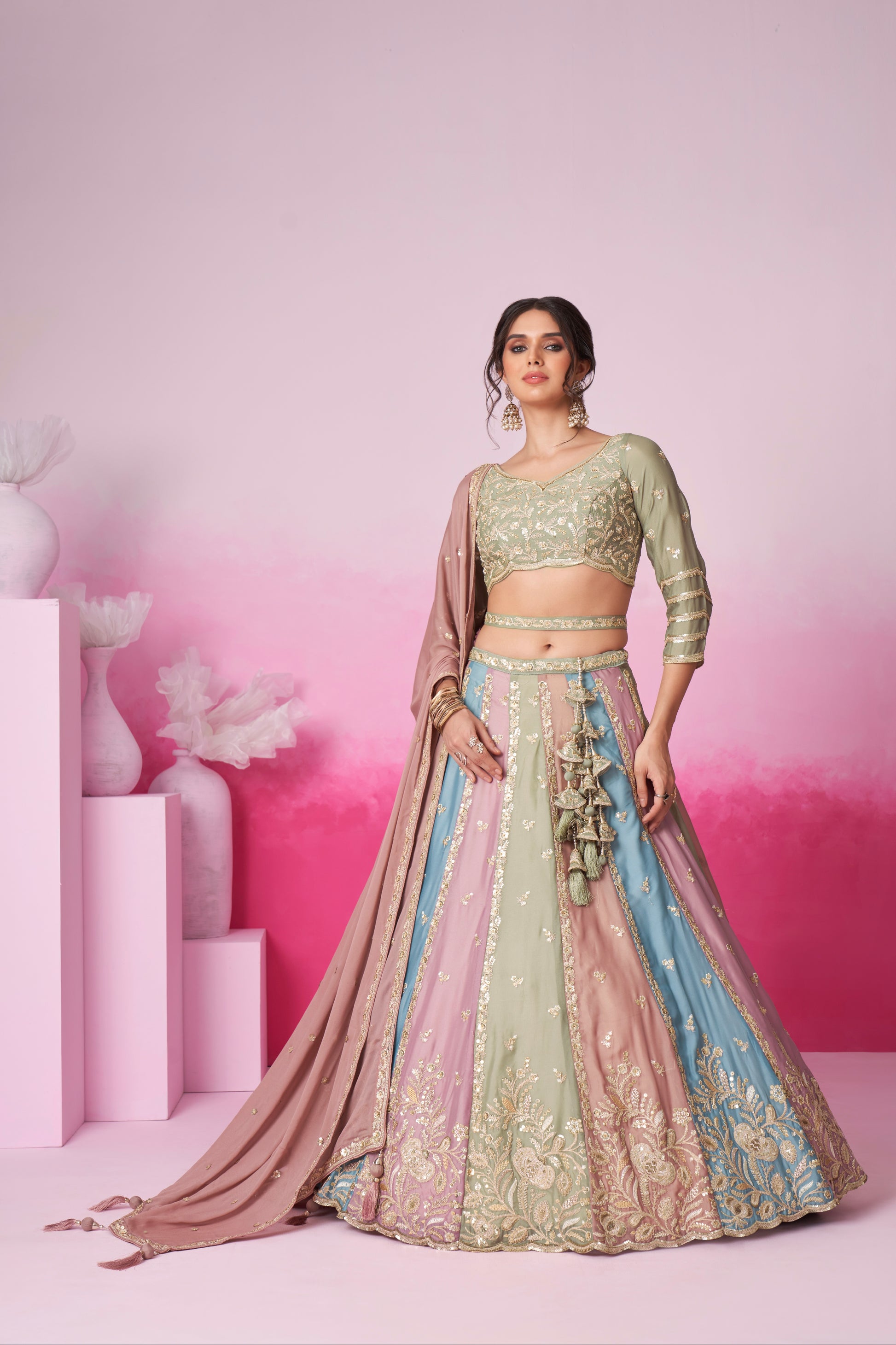 Lime Green & Multi Colour Georgette Sequins Embroidery Lehenga Choli & Dupatta