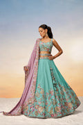 Turquoise Blue Pure Georgette Sequins Embroidery Lehenga Choli & Dupatta