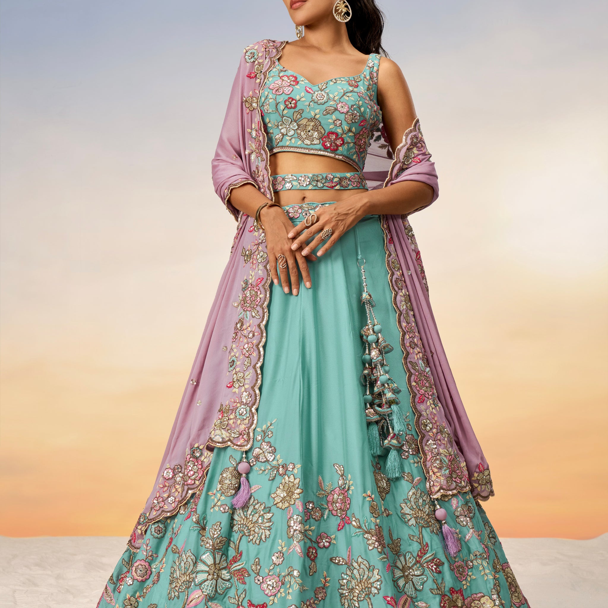 Turquoise Blue Pure Georgette Sequins Embroidery Lehenga Choli & Dupatta