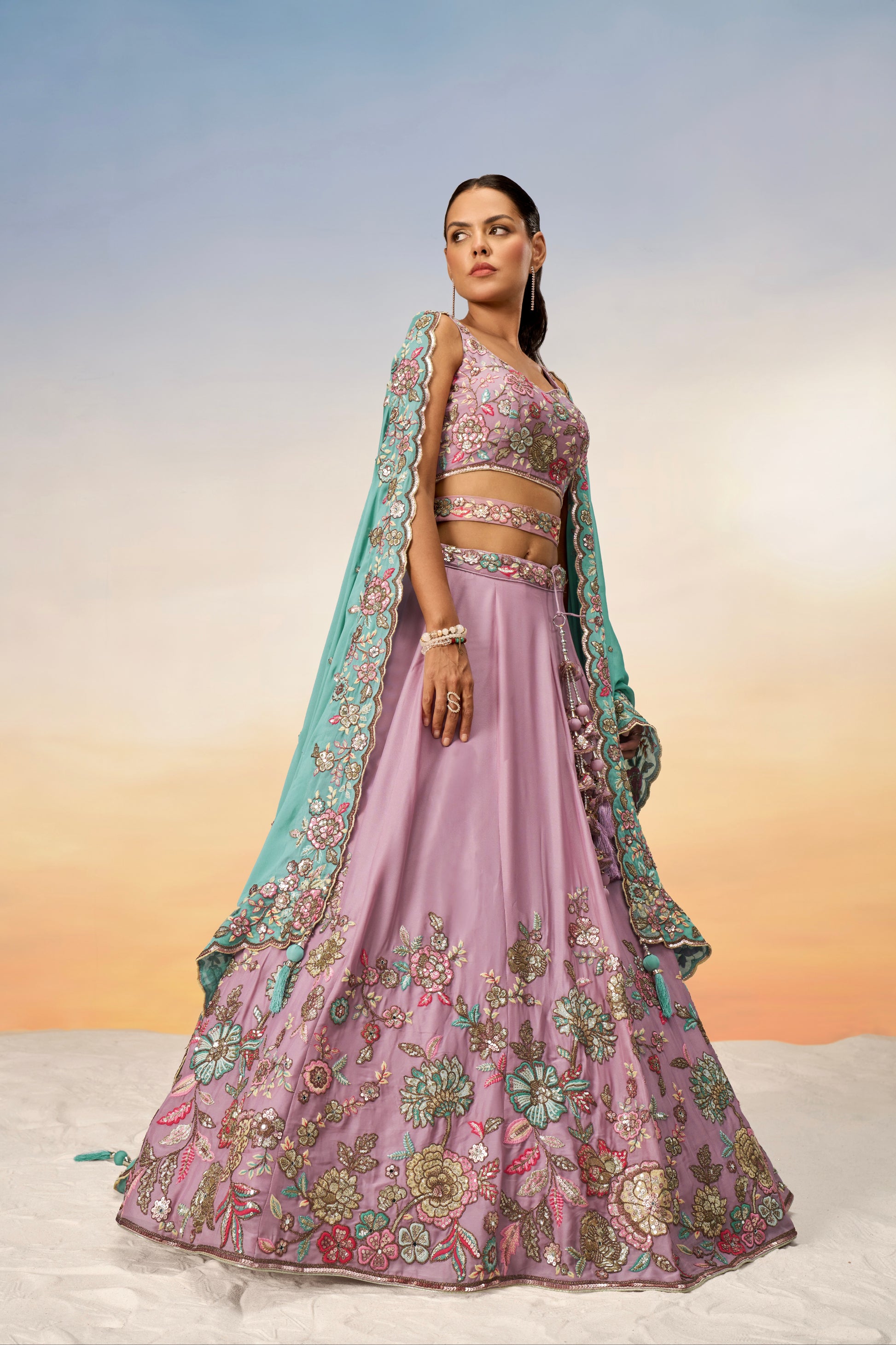 Mauve Pure Georgette Sequins Embroidery Lehenga Choli & Dupatta