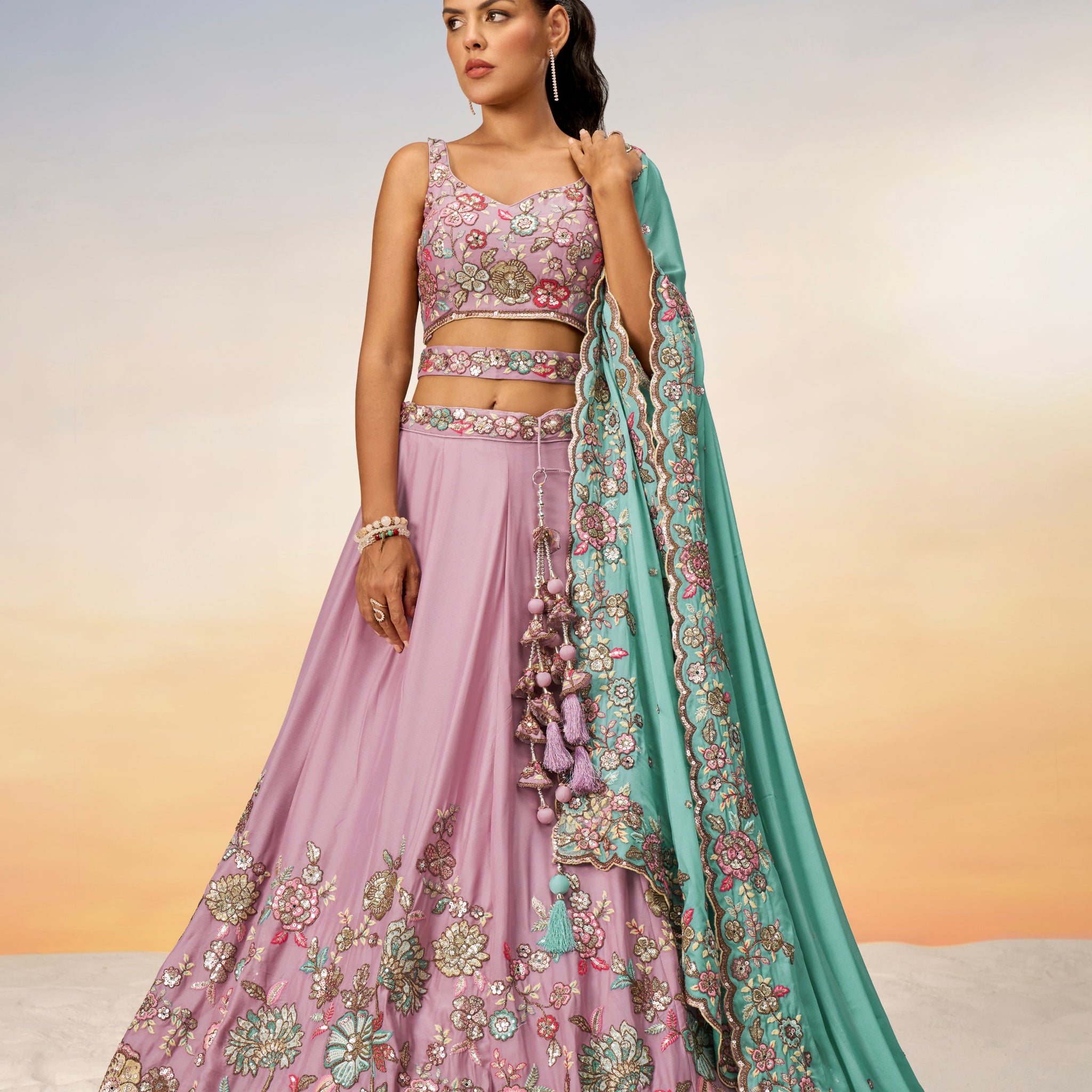 Mauve Pure Georgette Sequins Embroidery Lehenga Choli & Dupatta