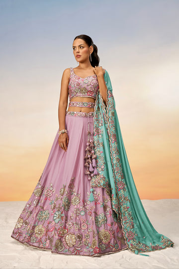 Mauve Pure Georgette Sequins Embroidery Lehenga Choli & Dupatta