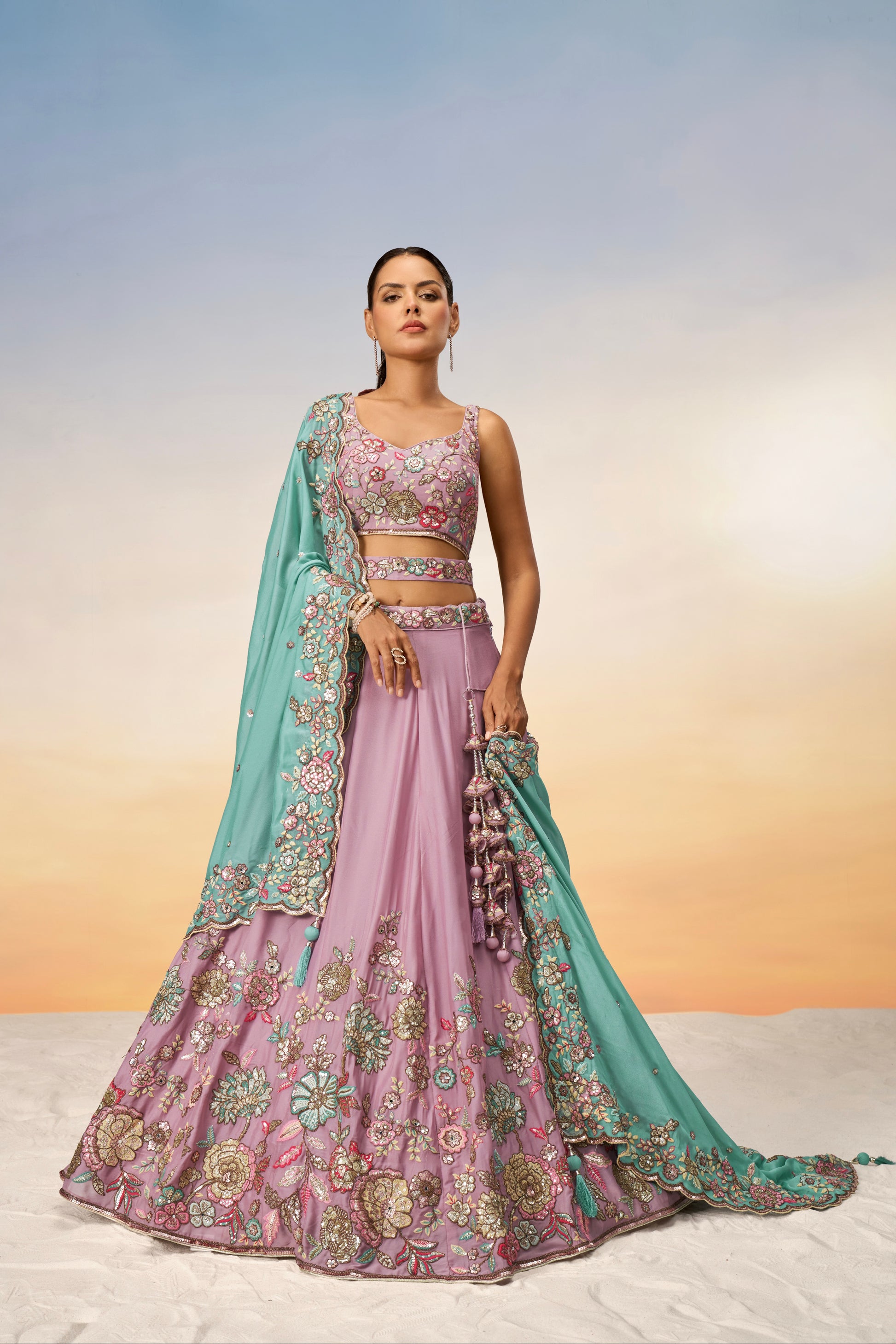 Mauve Pure Georgette Sequins Embroidery Lehenga Choli & Dupatta