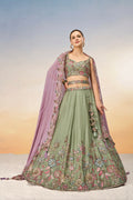 Lime Green Pure Georgette Sequins Embroidery Lehenga Choli & Dupatta