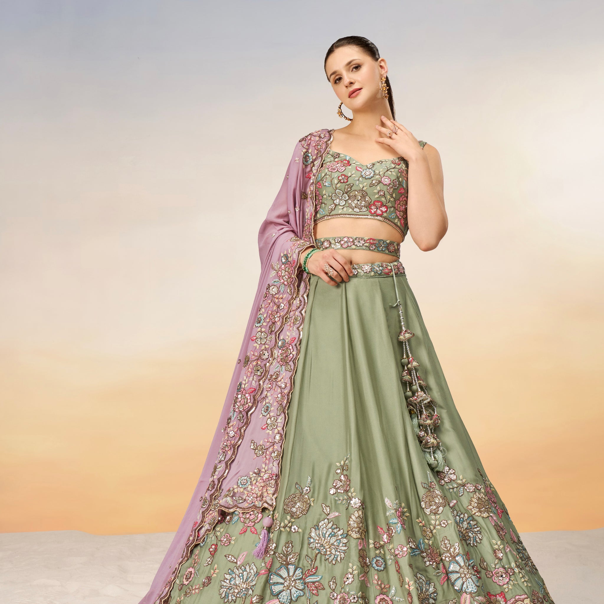 Lime Green Pure Georgette Sequins Embroidery Lehenga Choli & Dupatta