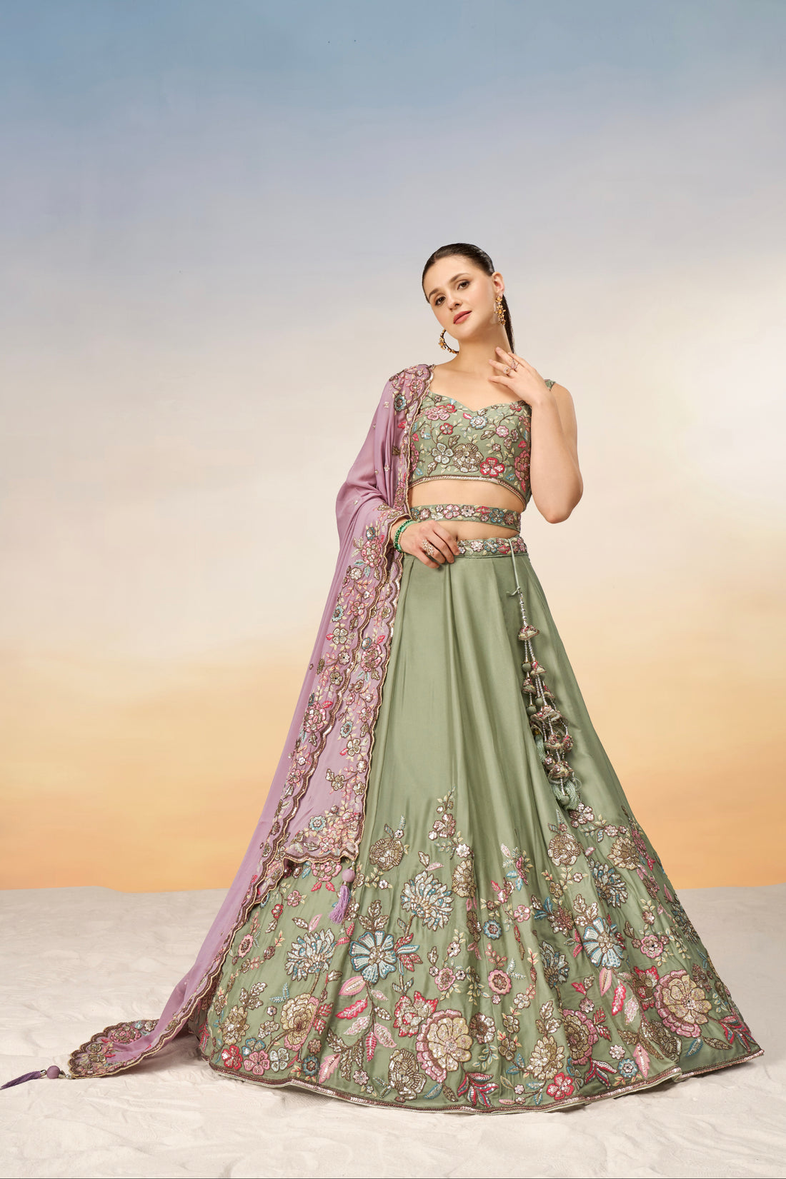 Lime Green Pure Georgette Sequins Embroidery Lehenga Choli & Dupatta