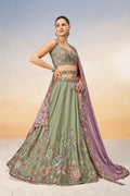 Lime Green Pure Georgette Sequins Embroidery Lehenga Choli & Dupatta