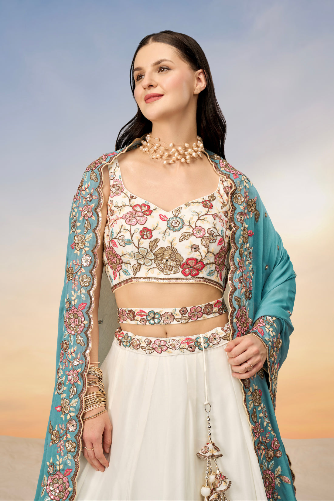 Cream Pure Georgette Sequins Embroidery Lehenga choli & Dupatta