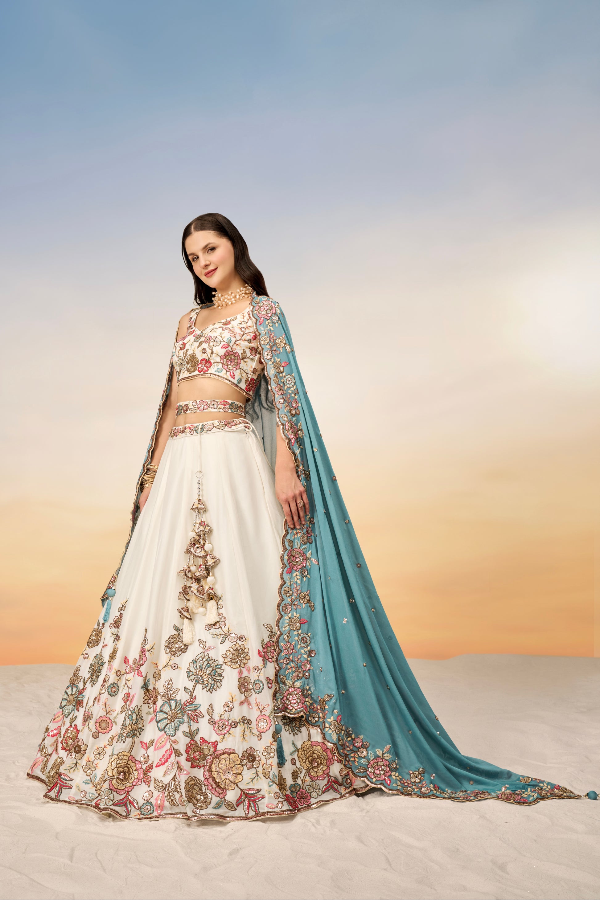 Cream Pure Georgette Sequins Embroidery Lehenga choli & Dupatta