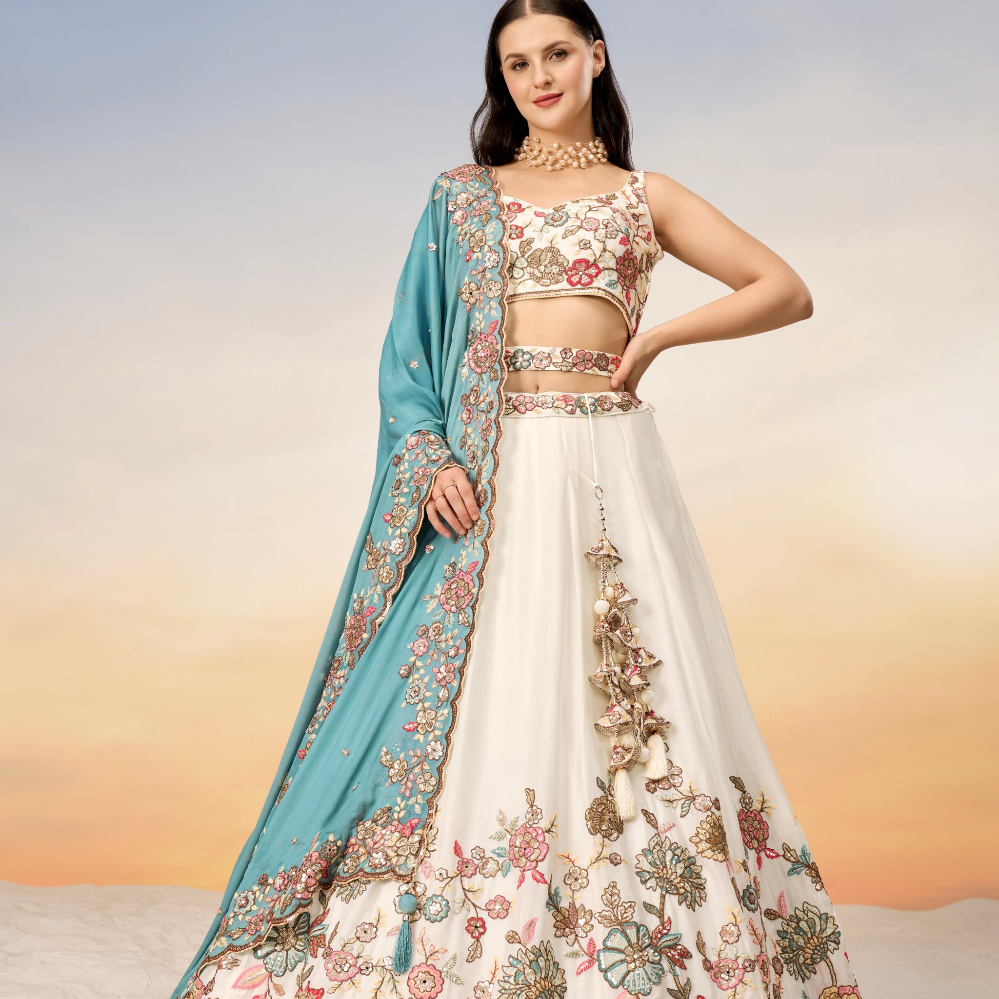 Cream Pure Georgette Sequins Embroidery Lehenga choli & Dupatta