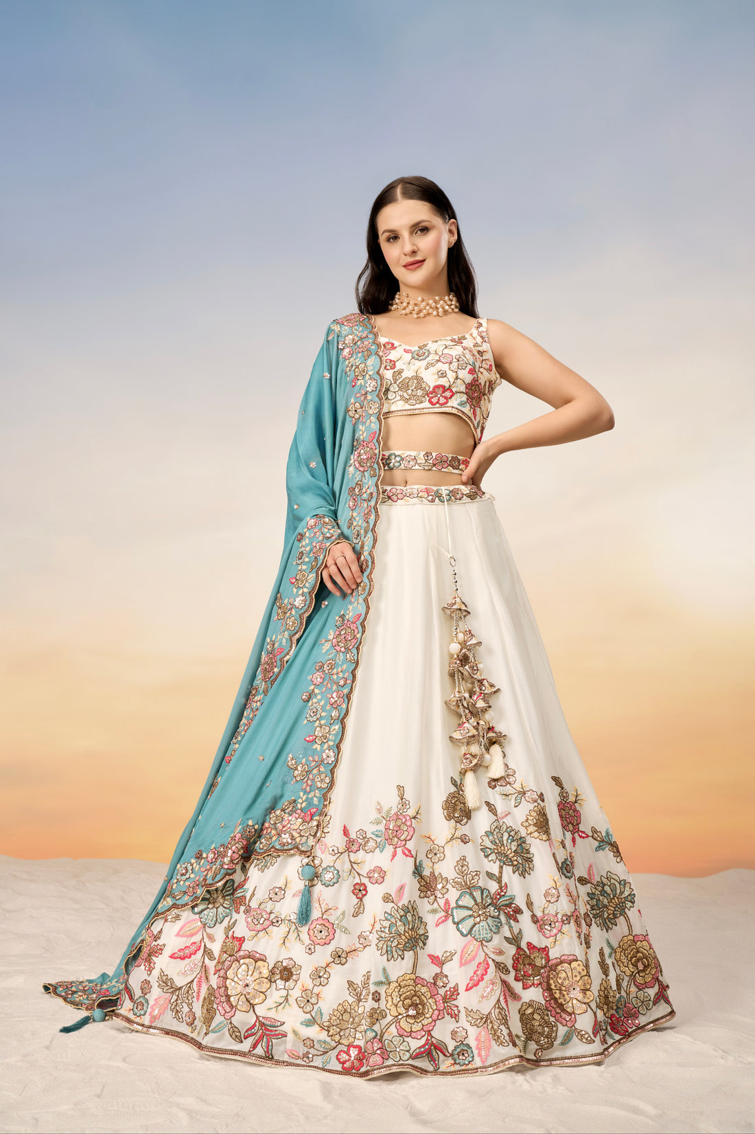 Cream Pure Georgette Sequins Embroidery Lehenga choli & Dupatta