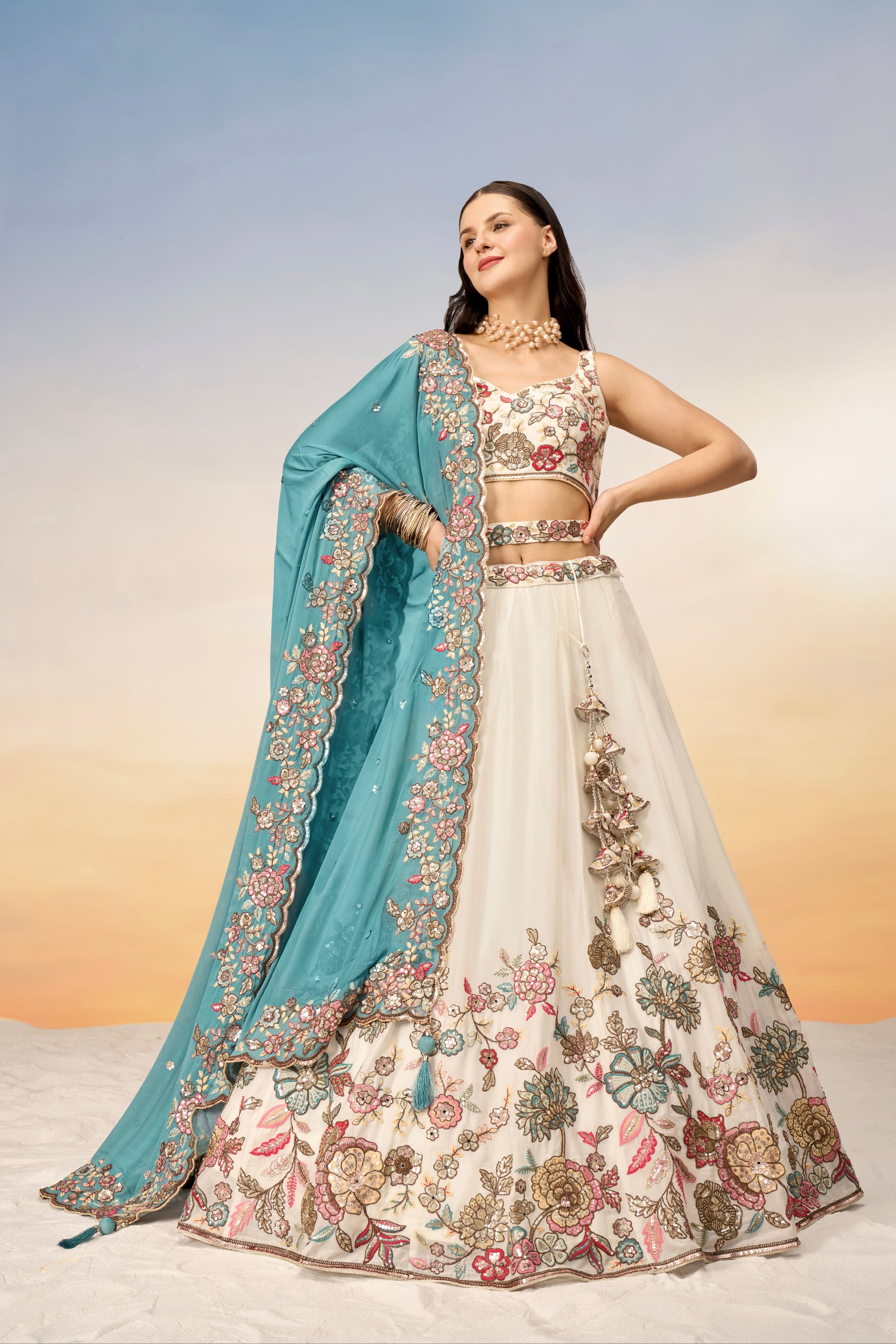 Cream Pure Georgette Sequins Embroidery Lehenga choli & Dupatta