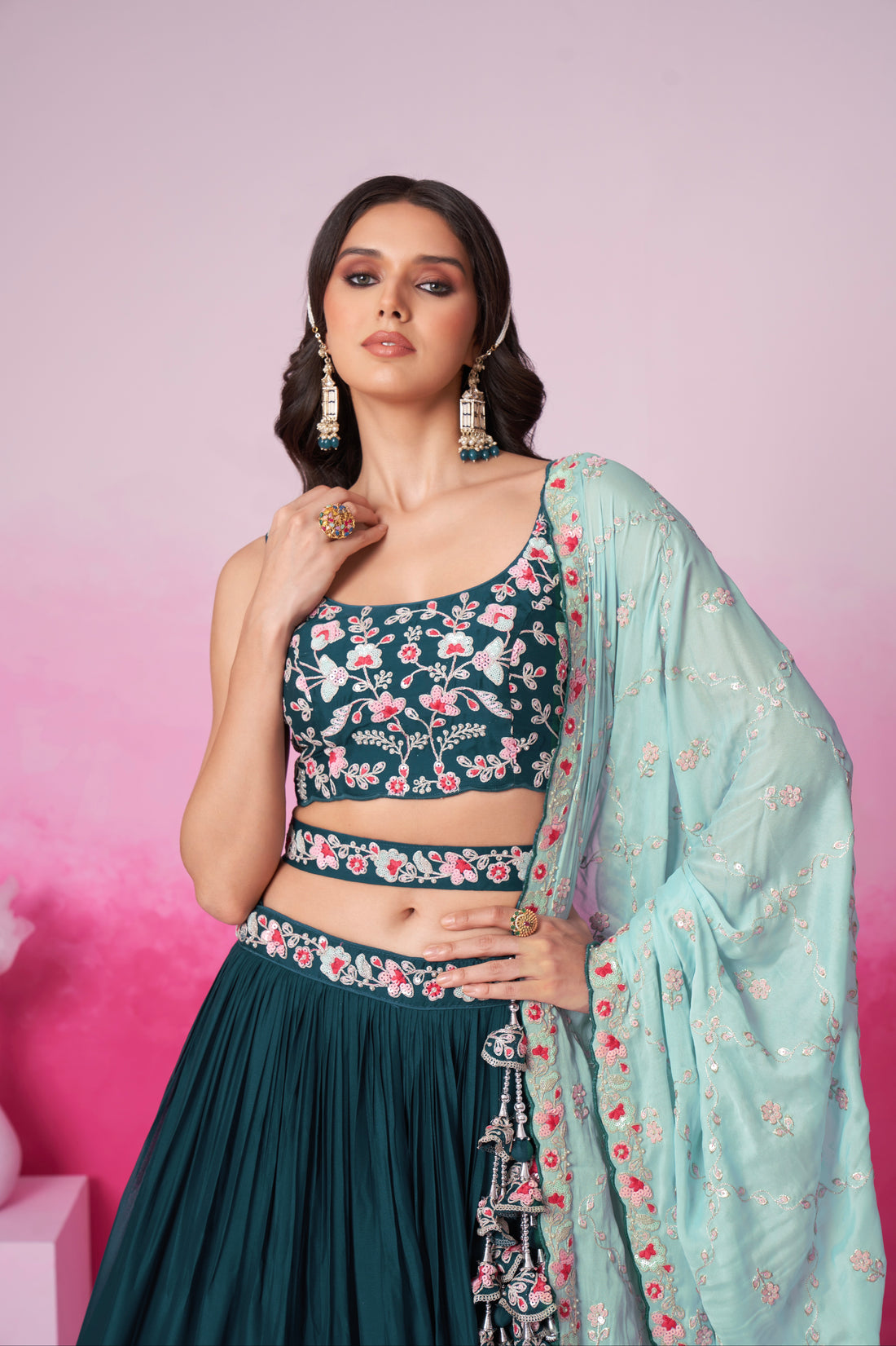 Teal Pure Georgette Sequin Embroidery Lehenga Choli & Dupatta