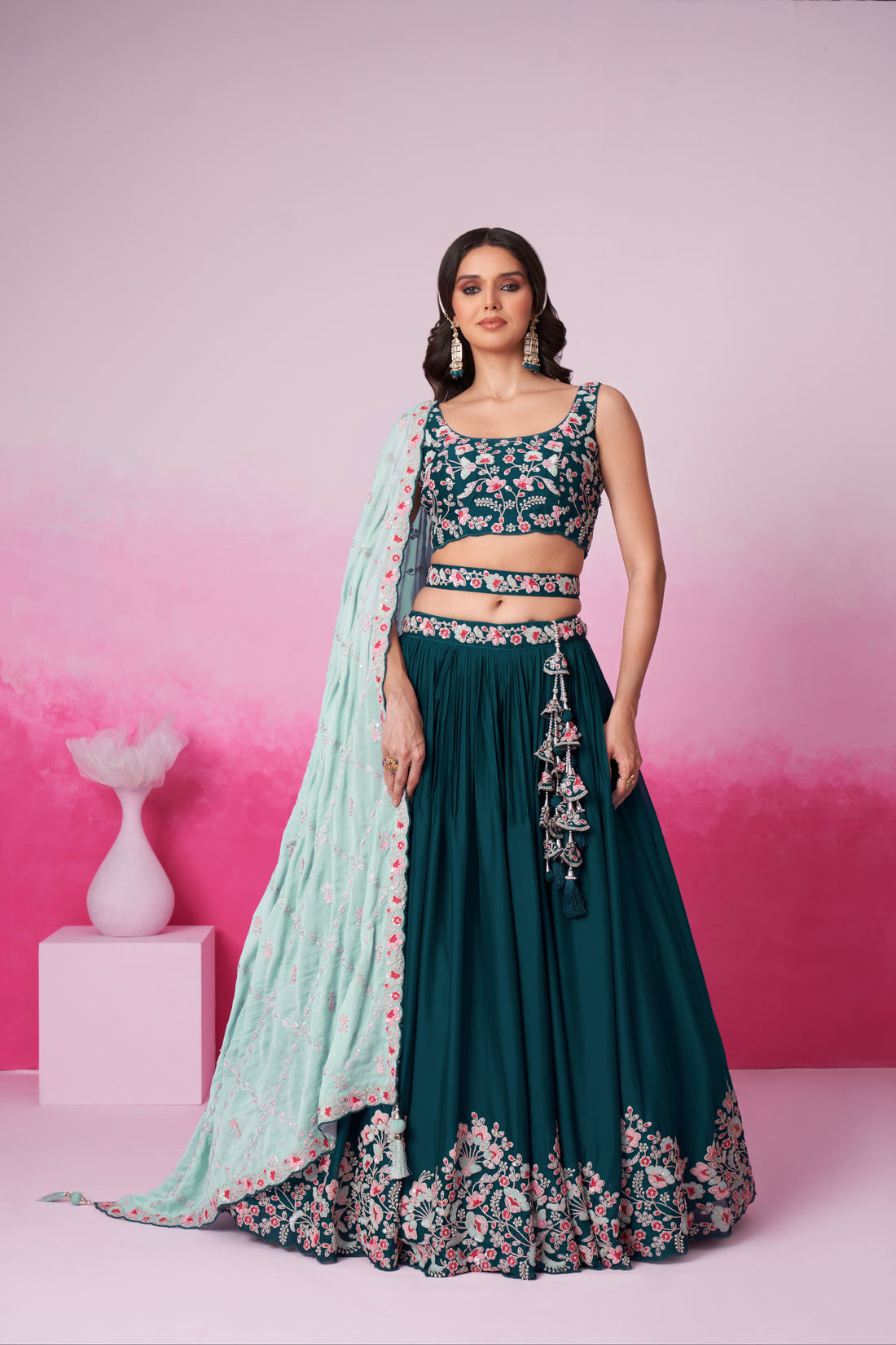 Teal Pure Georgette Sequin Embroidery Lehenga Choli & Dupatta