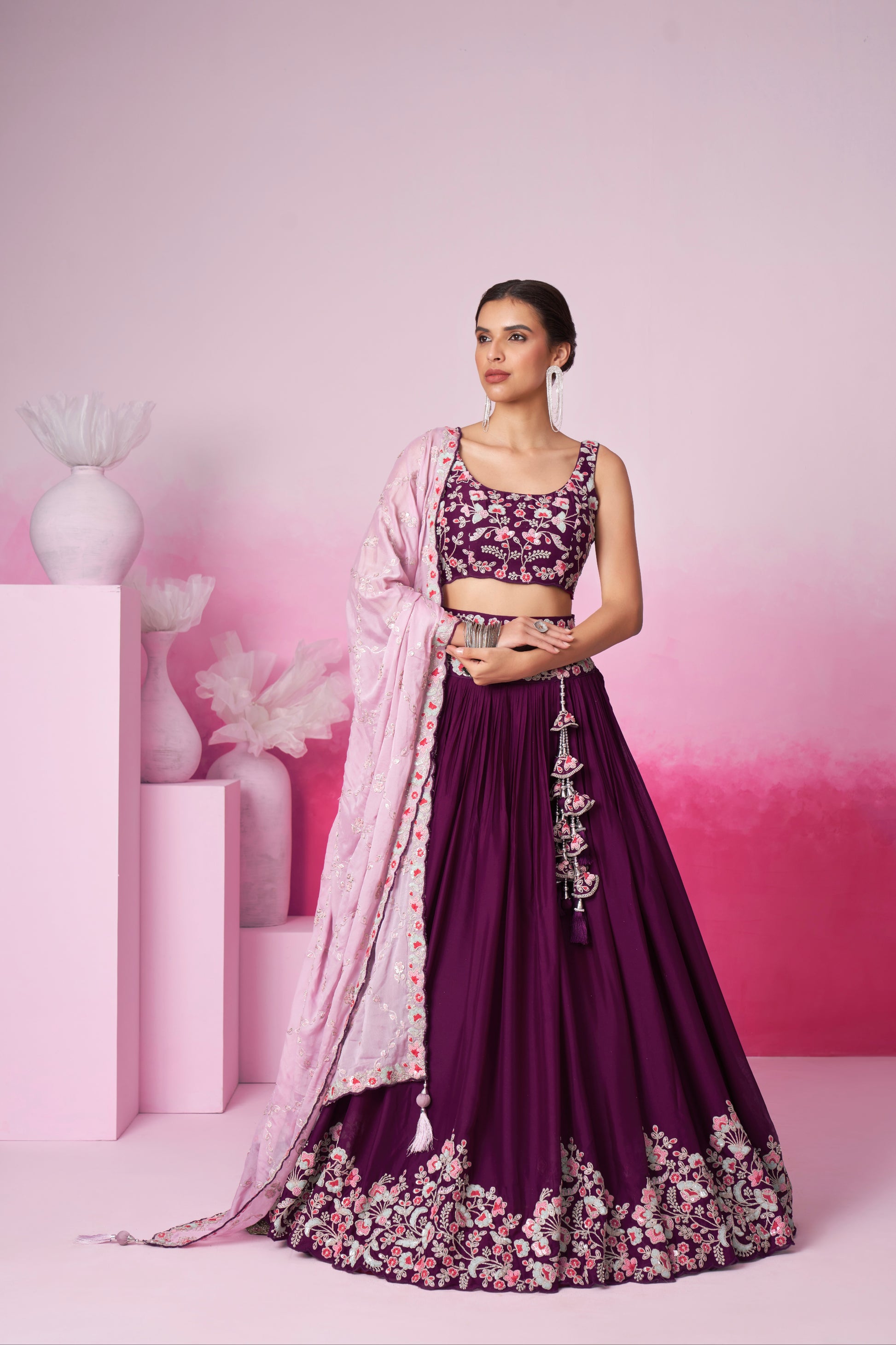 Burgundy Pure Georgette Sequin Embroidery Lehenga Choli & Dupatta