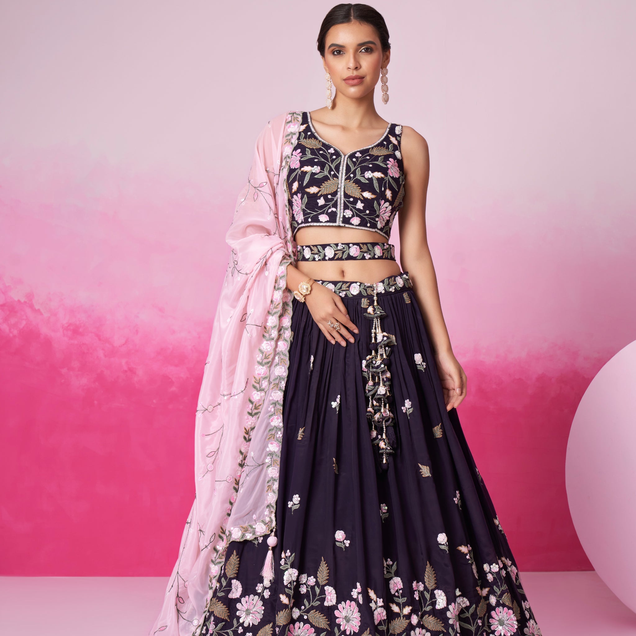 Purple Organza Sequins Embroidery Lehenga Choli & Dupatta