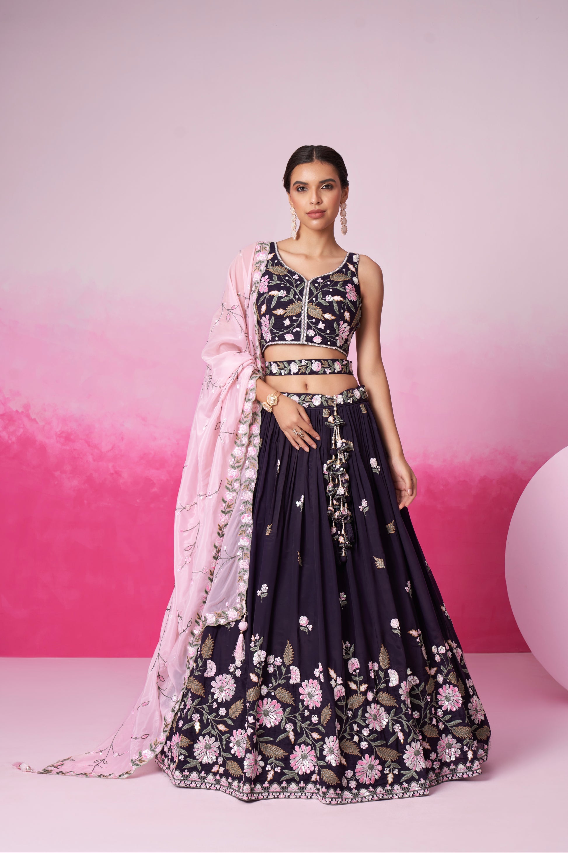 Purple Organza Sequins Embroidery Lehenga Choli & Dupatta