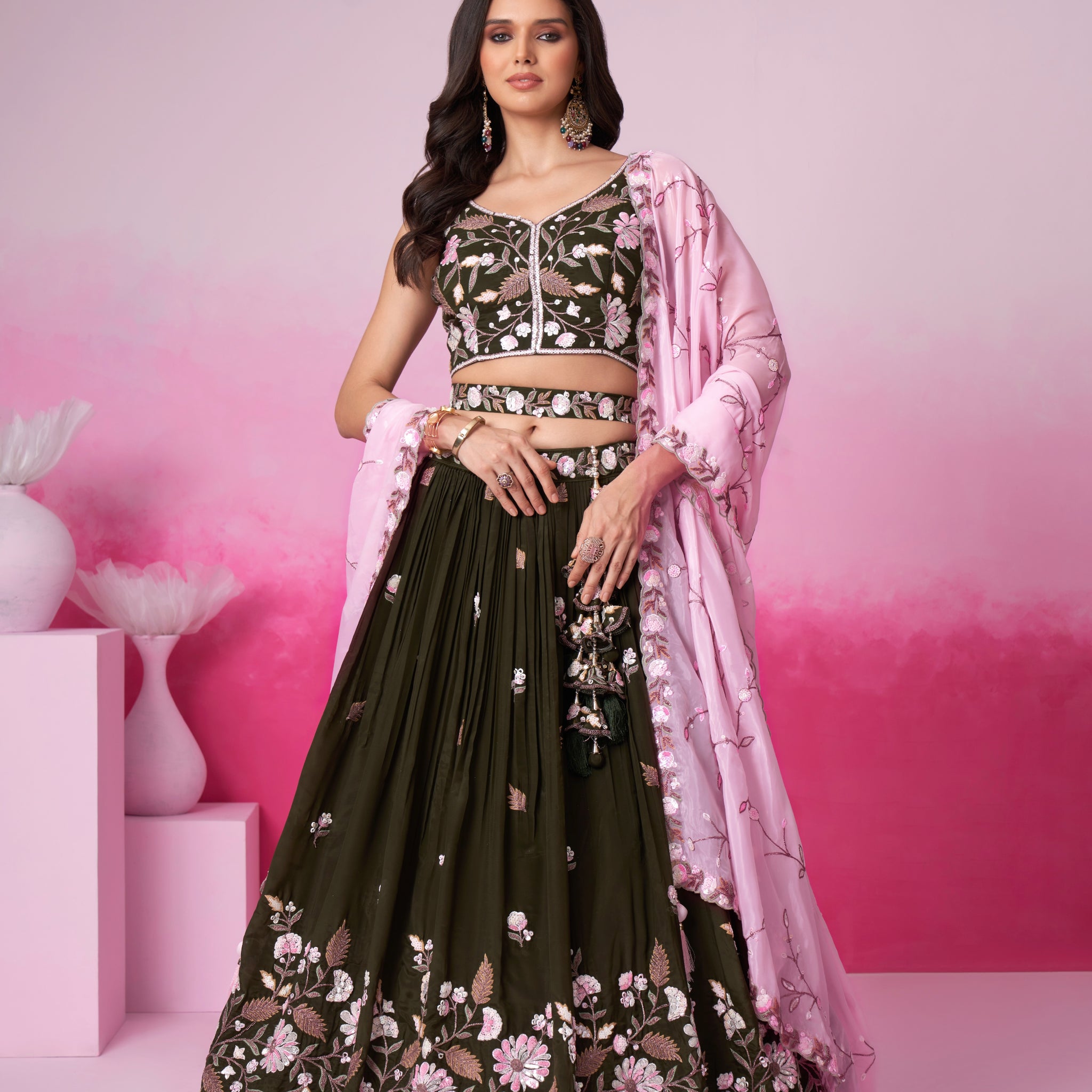 Olive Organza Sequins Embroidery Lehenga Choli & Dupatta